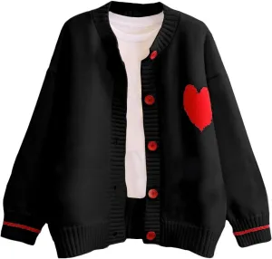 FindThy Women's Cute Cardigan Sweater Kawaii Love Heart Print Y2K Button Knitted Outerwear