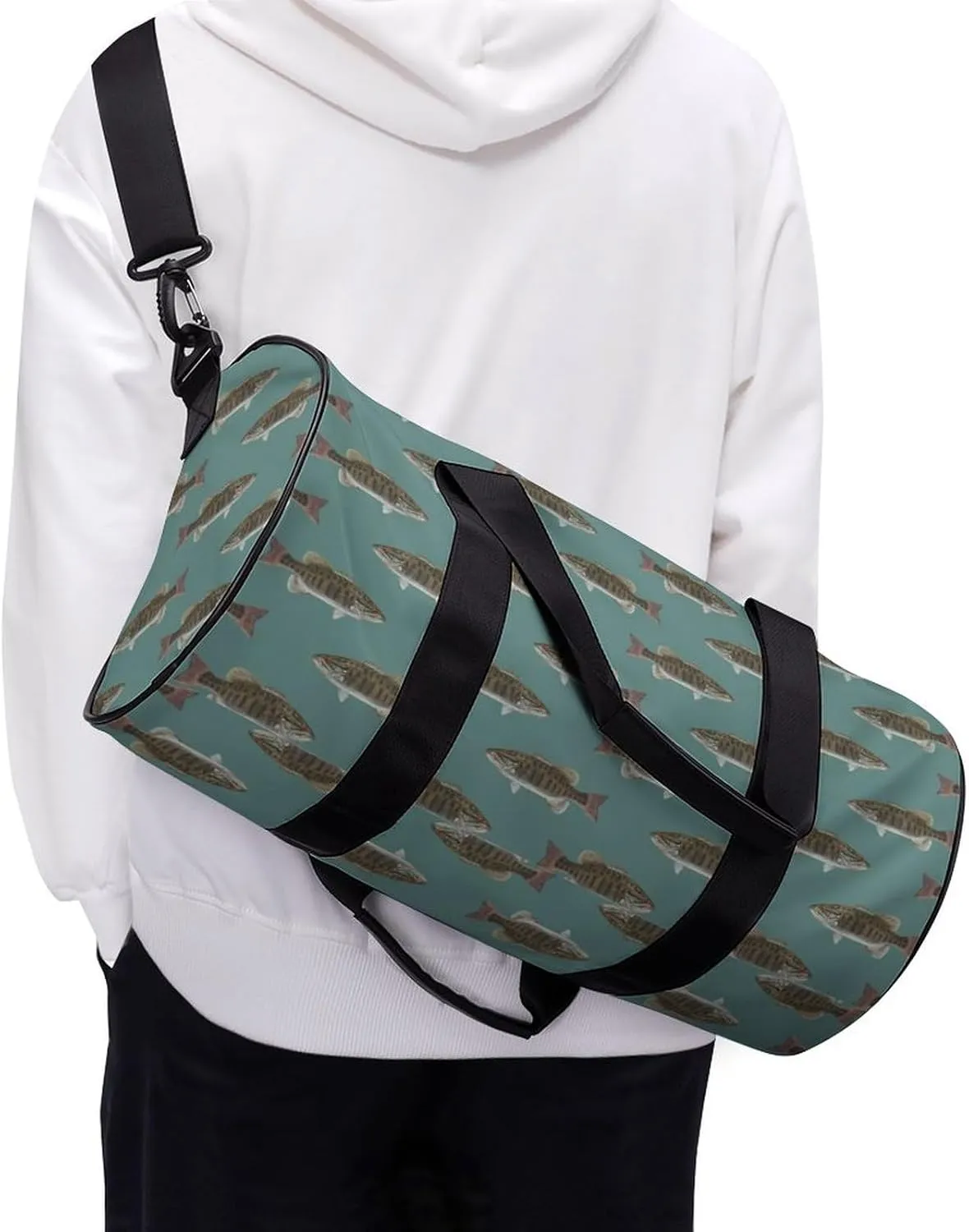 Fishing Fish Bass Small Mouth Lake Blue Lakes Art Large Capacity Cylindrical Fitness Bag, Hand-held Fitness Bag