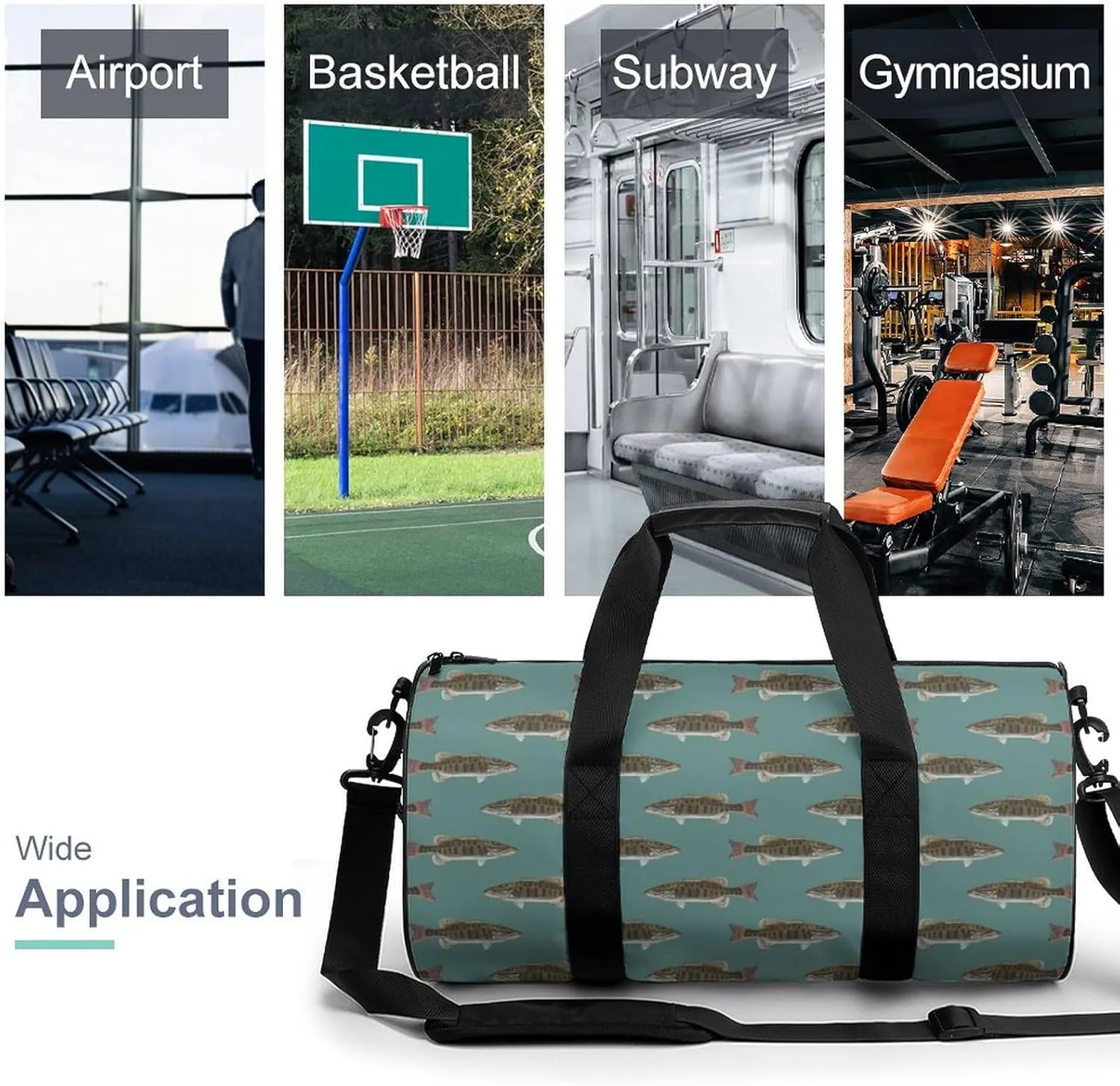 Fishing Fish Bass Small Mouth Lake Blue Lakes Art Large Capacity Cylindrical Fitness Bag, Hand-held Fitness Bag