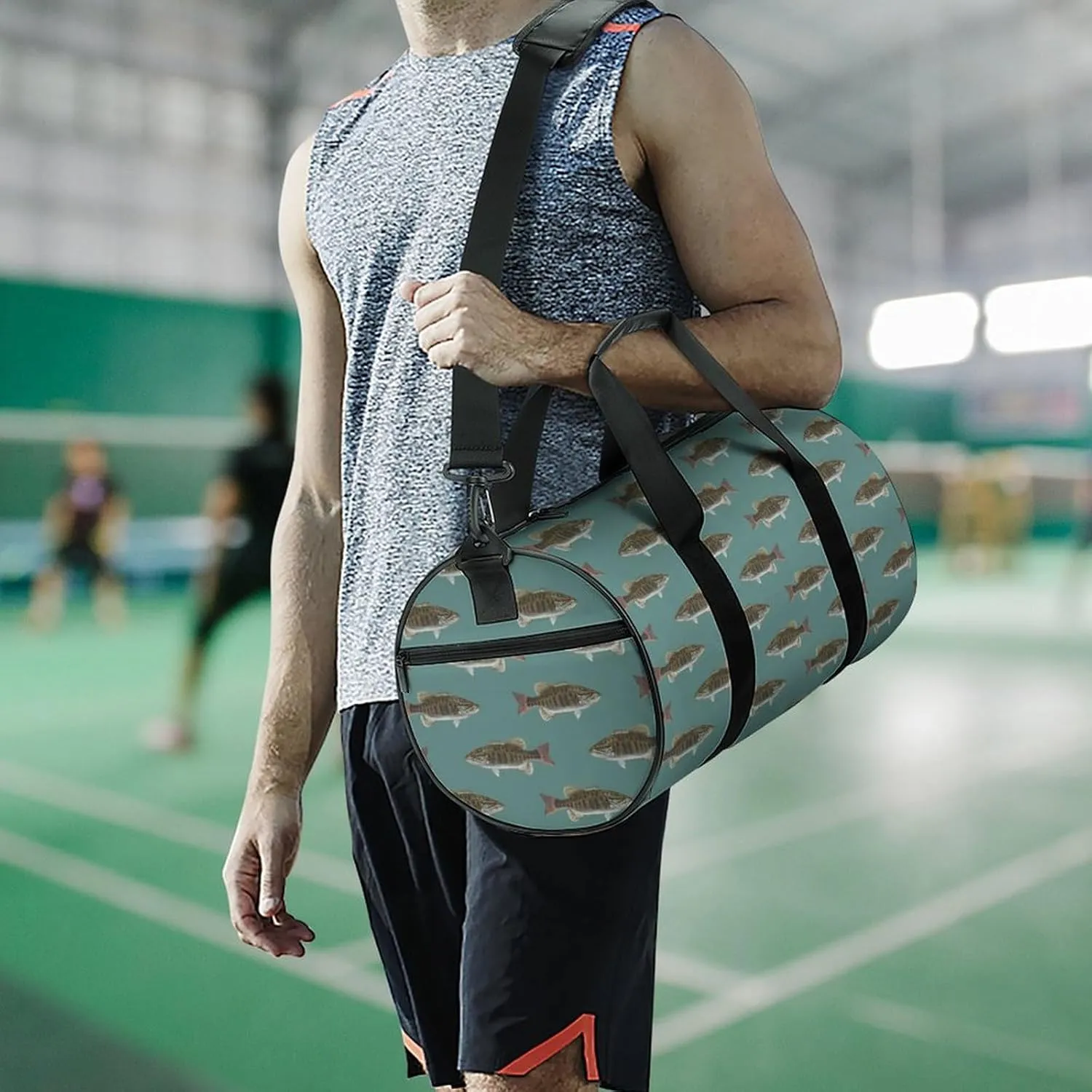 Fishing Fish Bass Small Mouth Lake Blue Lakes Art Large Capacity Cylindrical Fitness Bag, Hand-held Fitness Bag
