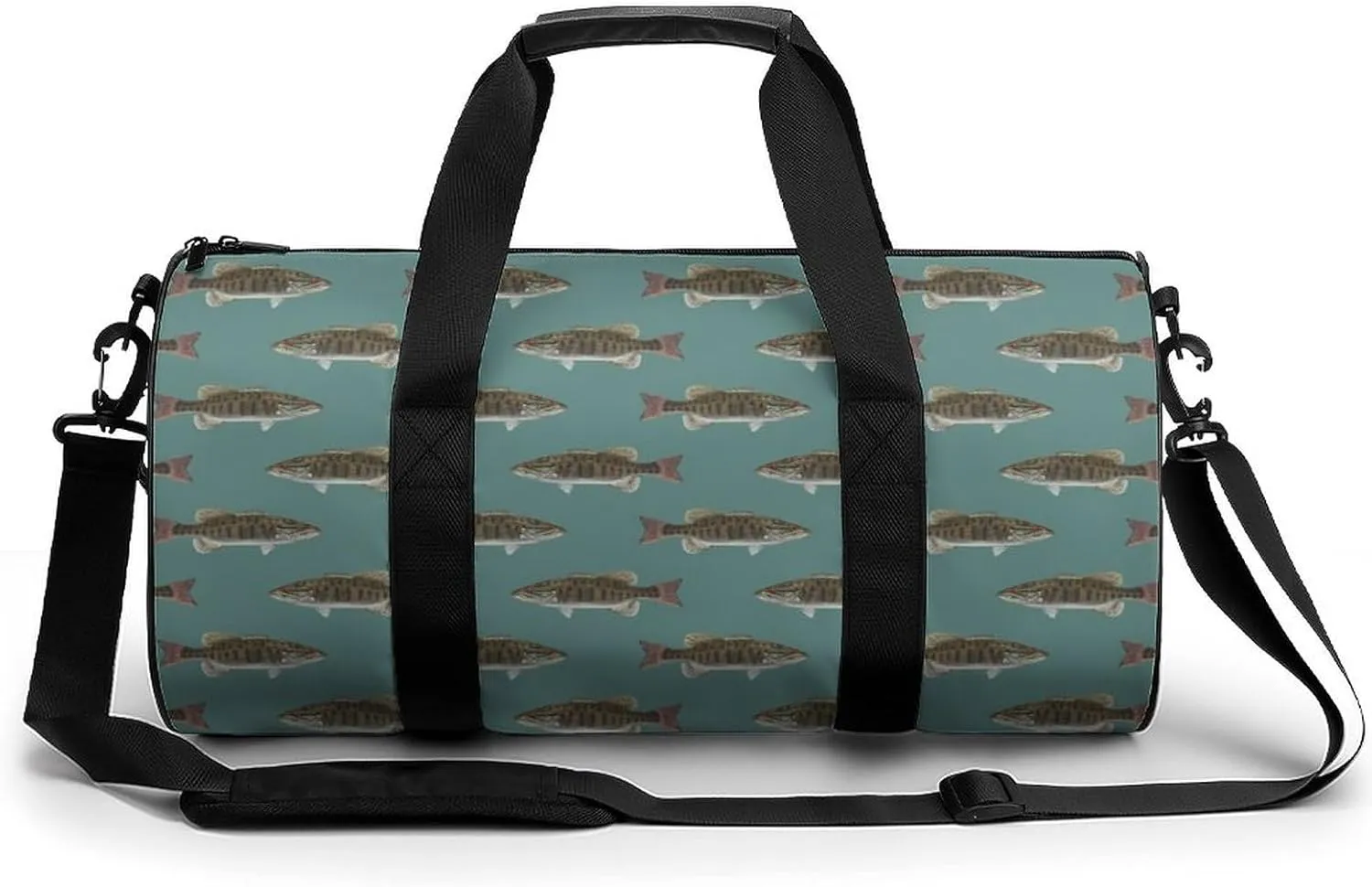 Fishing Fish Bass Small Mouth Lake Blue Lakes Art Large Capacity Cylindrical Fitness Bag, Hand-held Fitness Bag
