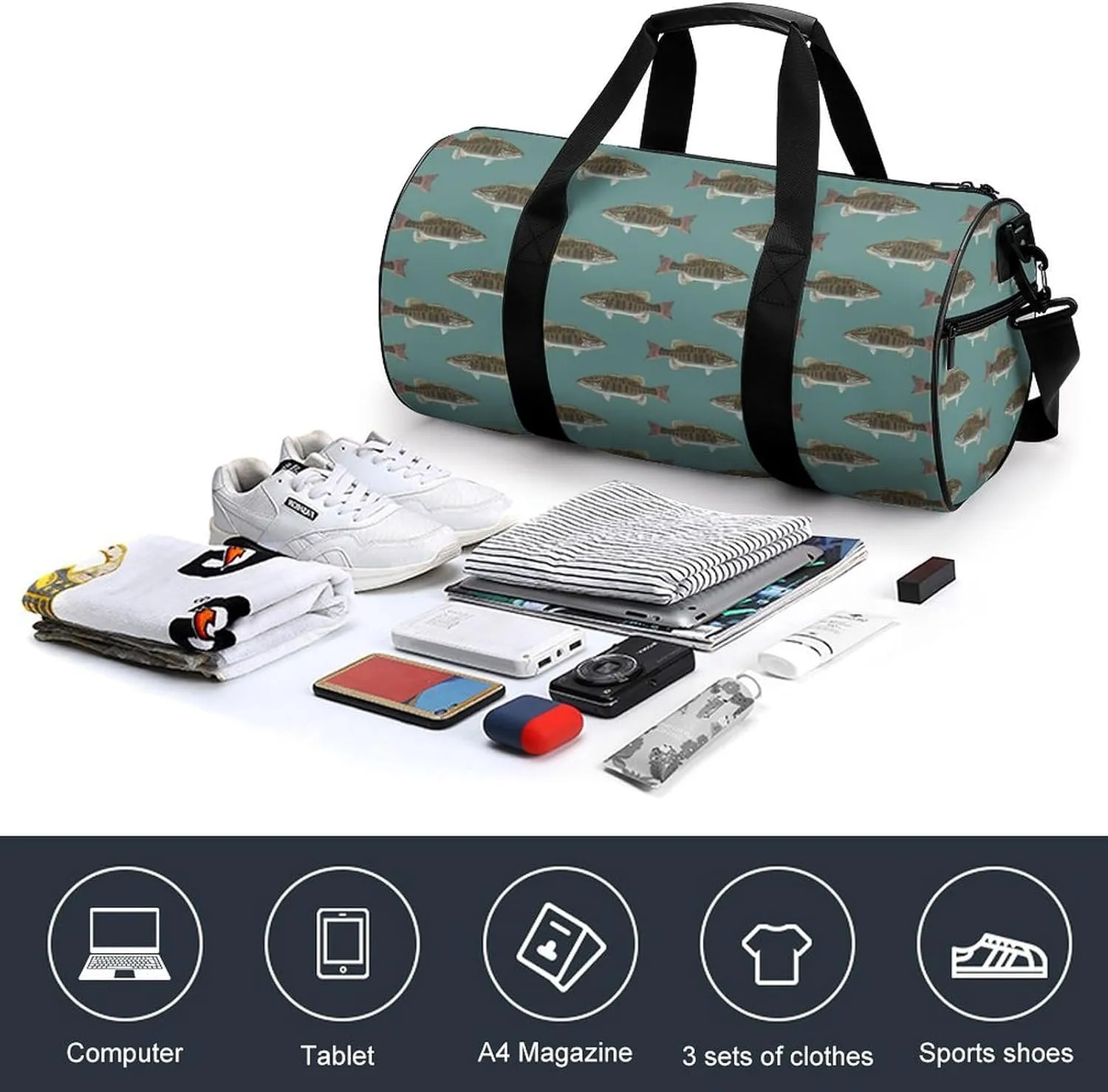 Fishing Fish Bass Small Mouth Lake Blue Lakes Art Large Capacity Cylindrical Fitness Bag, Hand-held Fitness Bag