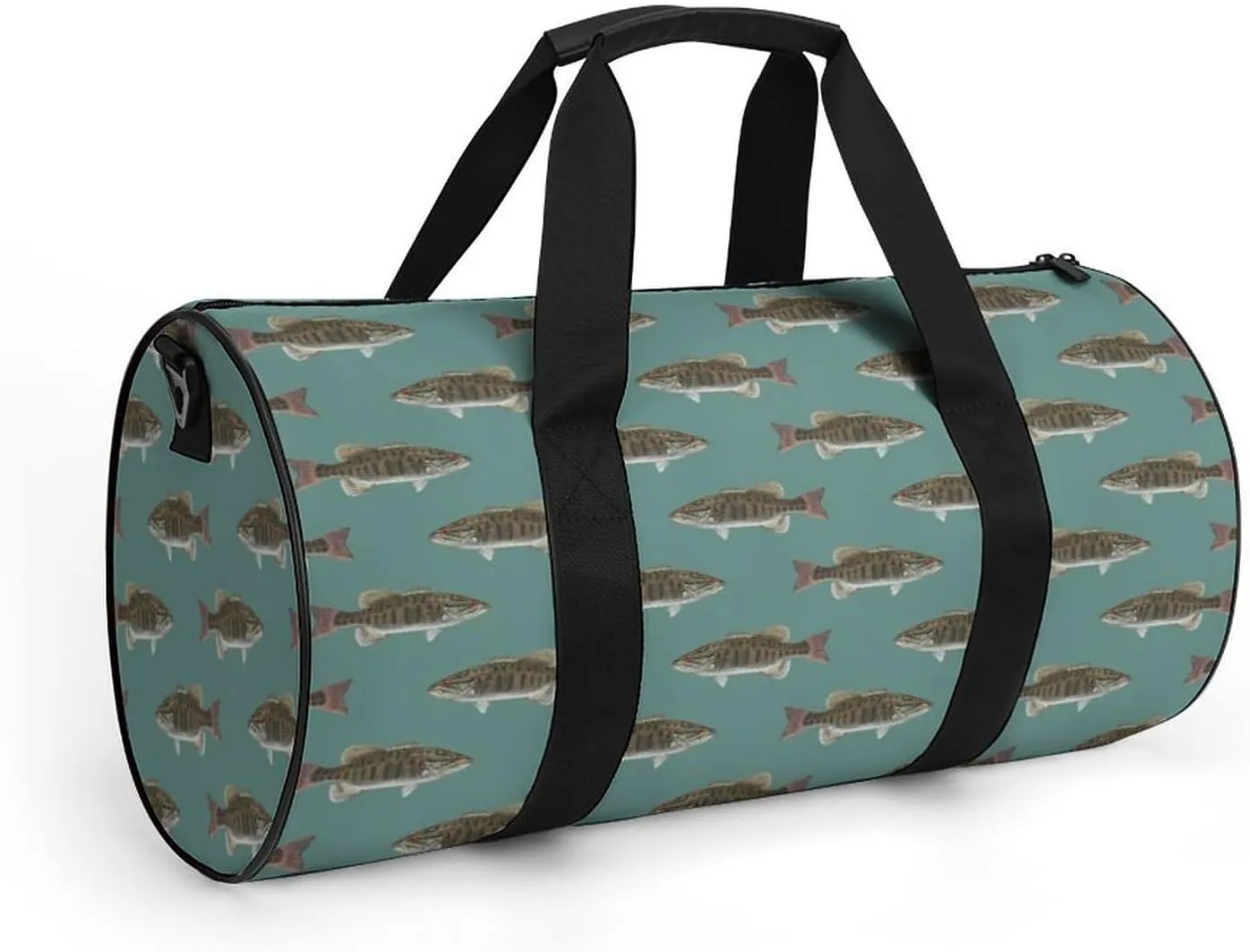 Fishing Fish Bass Small Mouth Lake Blue Lakes Art Large Capacity Cylindrical Fitness Bag, Hand-held Fitness Bag