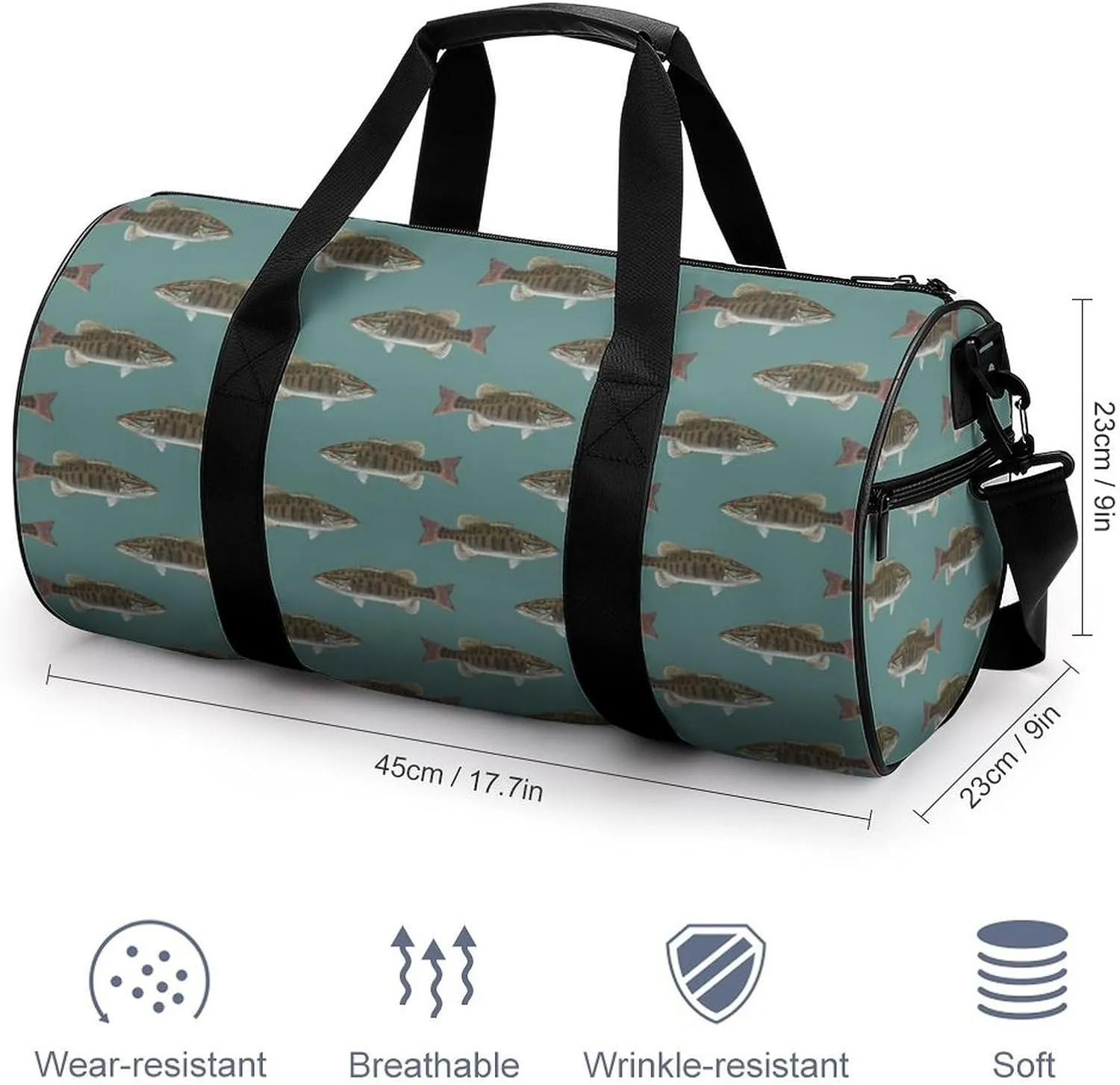 Fishing Fish Bass Small Mouth Lake Blue Lakes Art Large Capacity Cylindrical Fitness Bag, Hand-held Fitness Bag