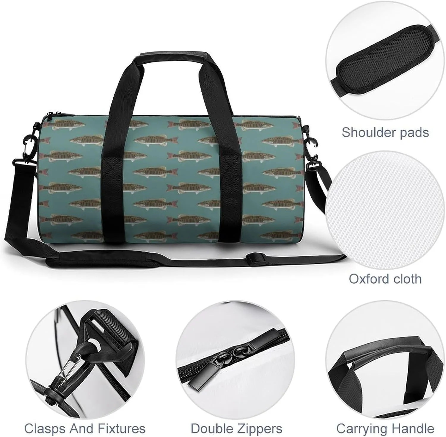 Fishing Fish Bass Small Mouth Lake Blue Lakes Art Large Capacity Cylindrical Fitness Bag, Hand-held Fitness Bag