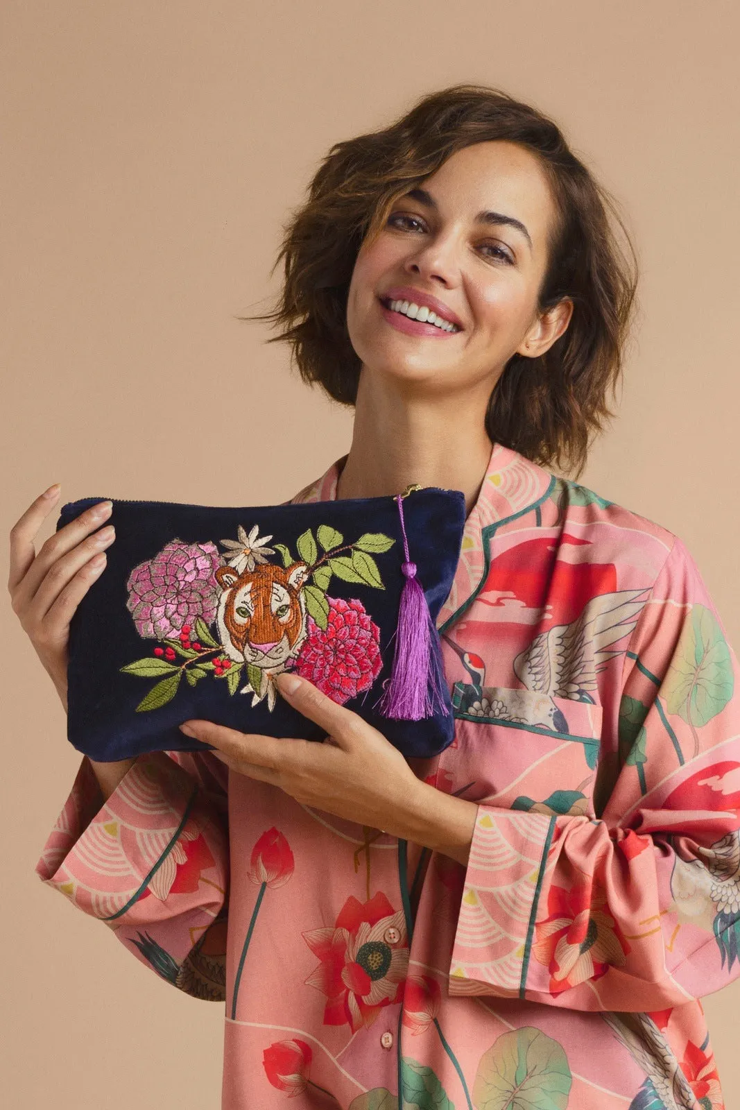 Floral Tiger Face Zip Pouch