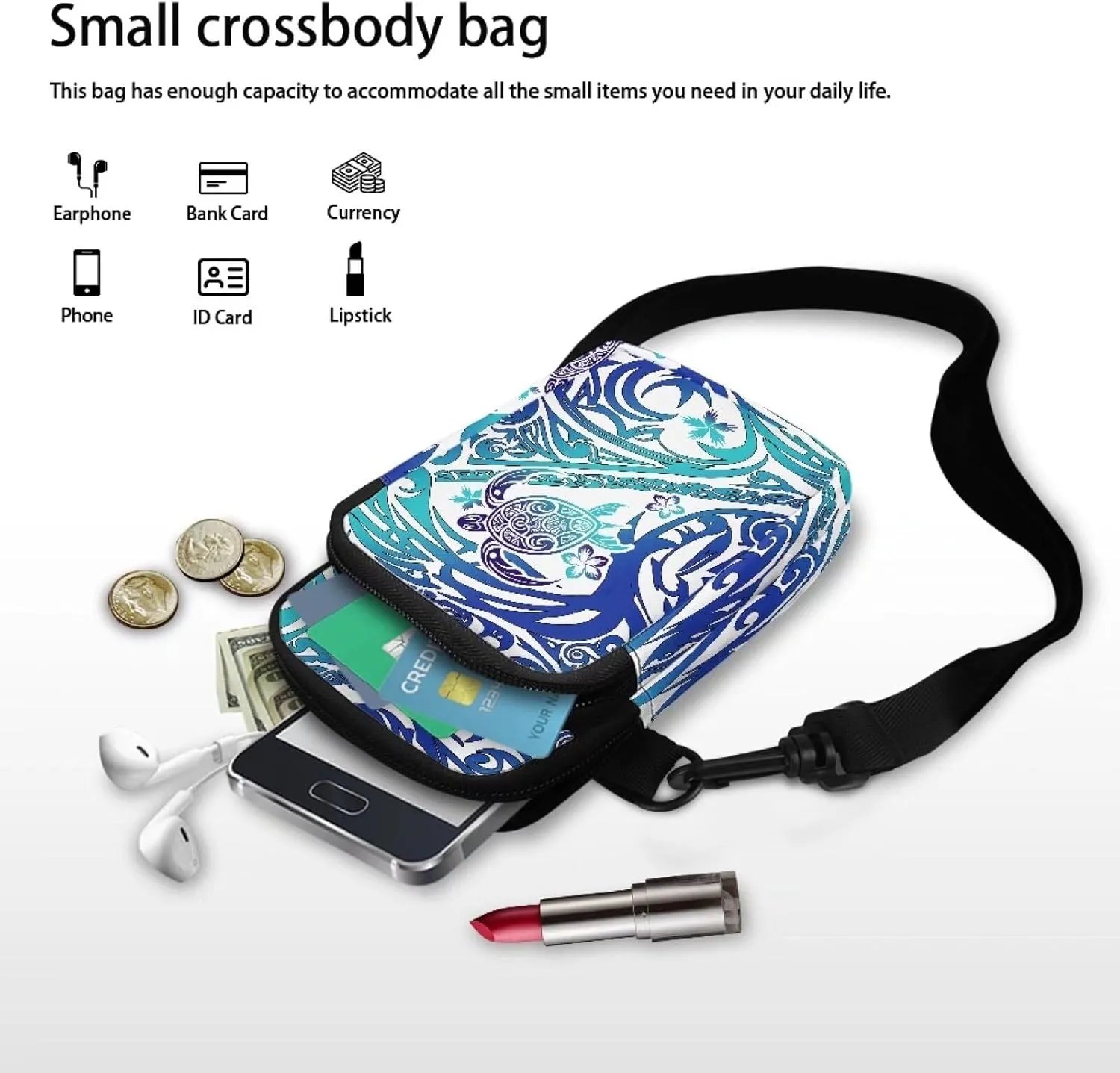 Flower Skull Small Crossbody Cell Phone Bag for Women, Dachshund Peacock Shoulder Bag, Clover Zip Cell Phone Purse