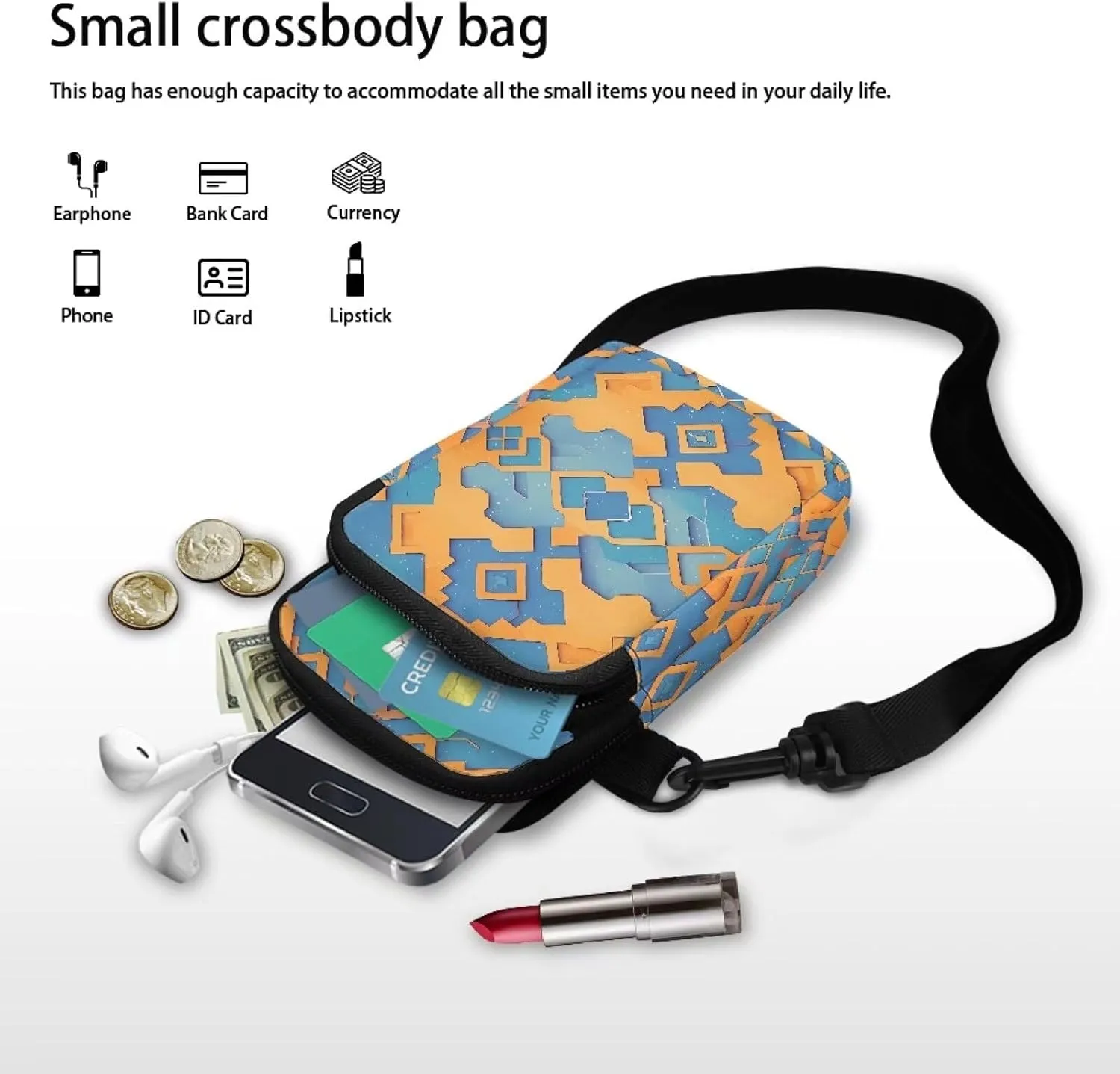 Flower Skull Small Crossbody Cell Phone Bag for Women, Dachshund Peacock Shoulder Bag, Clover Zip Cell Phone Purse