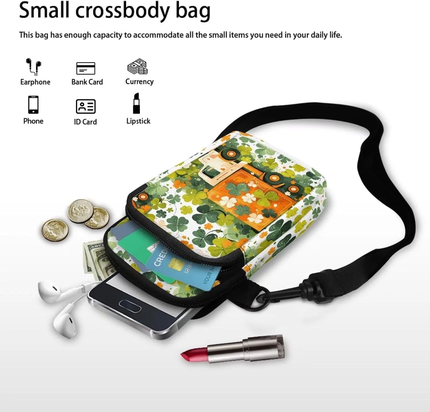 Flower Skull Small Crossbody Cell Phone Bag for Women, Dachshund Peacock Shoulder Bag, Clover Zip Cell Phone Purse