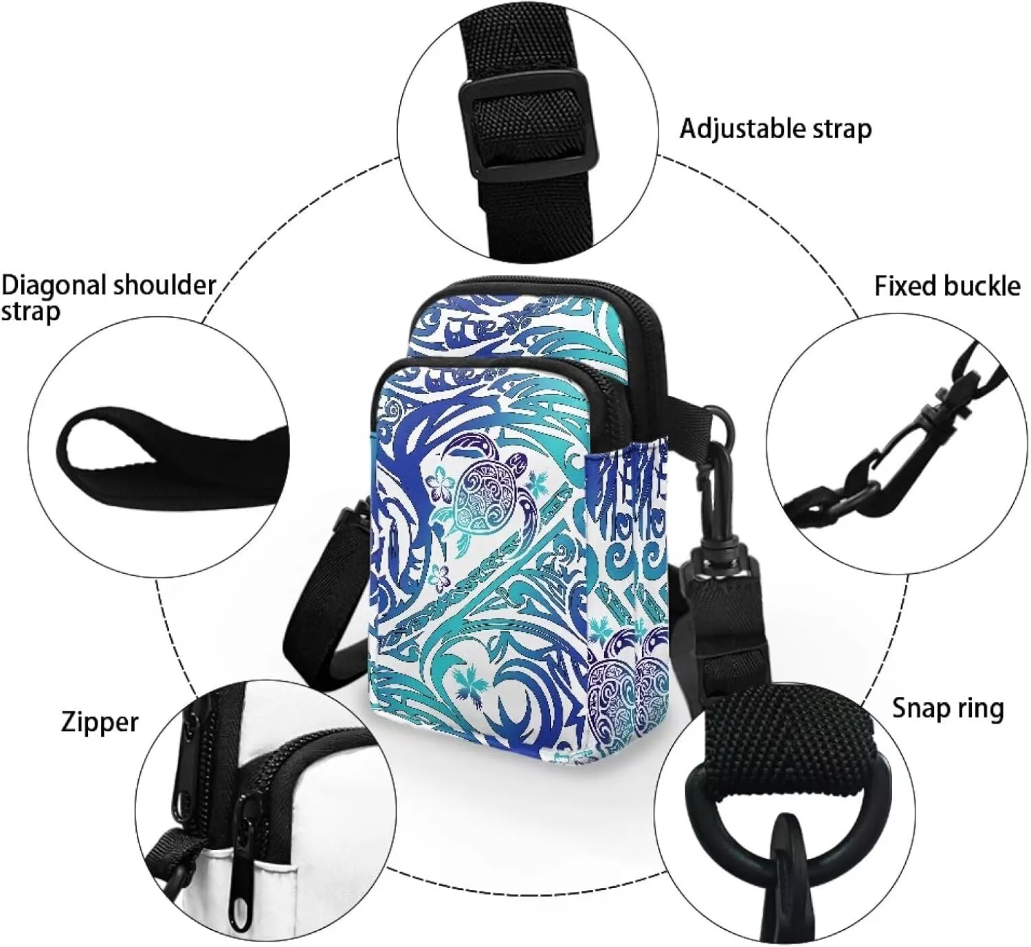 Flower Skull Small Crossbody Cell Phone Bag for Women, Dachshund Peacock Shoulder Bag, Clover Zip Cell Phone Purse