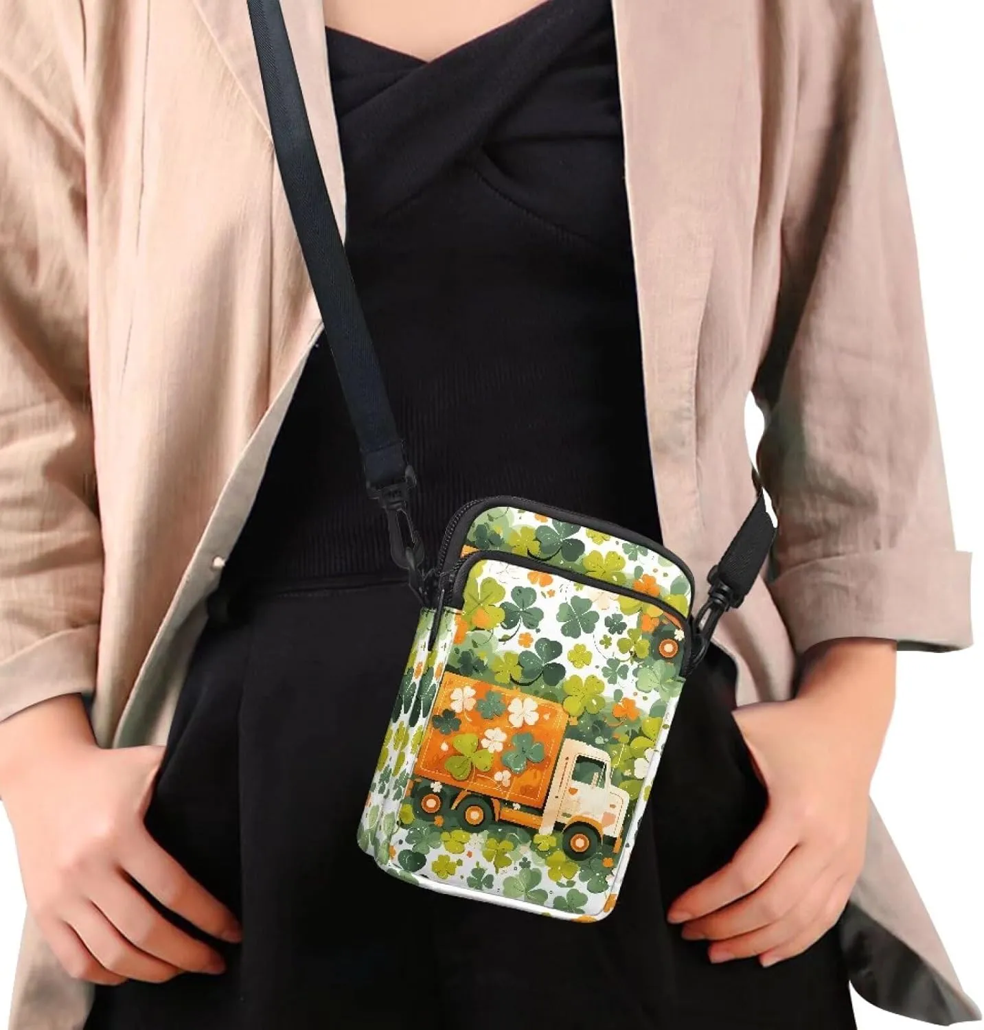 Flower Skull Small Crossbody Cell Phone Bag for Women, Dachshund Peacock Shoulder Bag, Clover Zip Cell Phone Purse