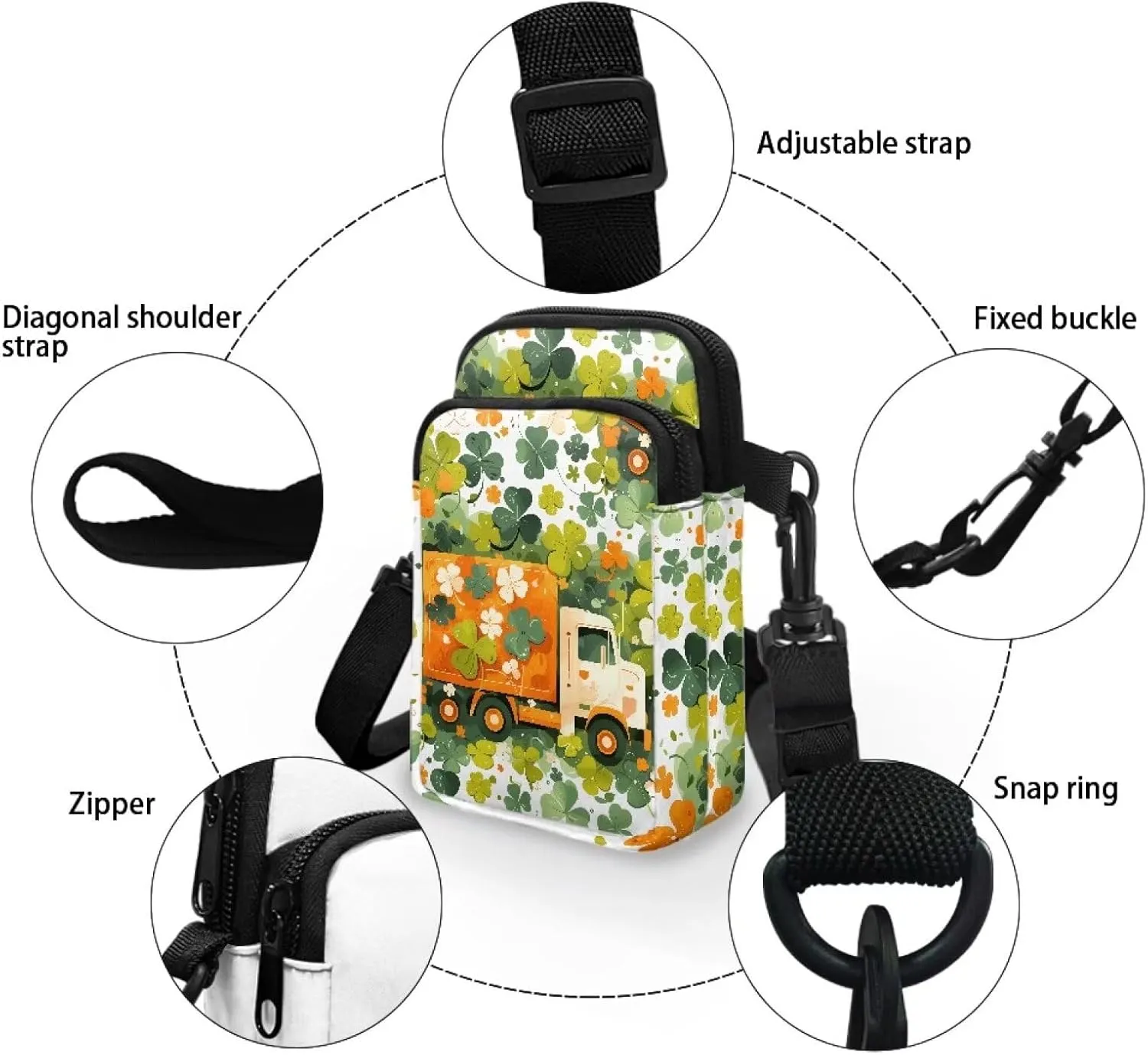 Flower Skull Small Crossbody Cell Phone Bag for Women, Dachshund Peacock Shoulder Bag, Clover Zip Cell Phone Purse
