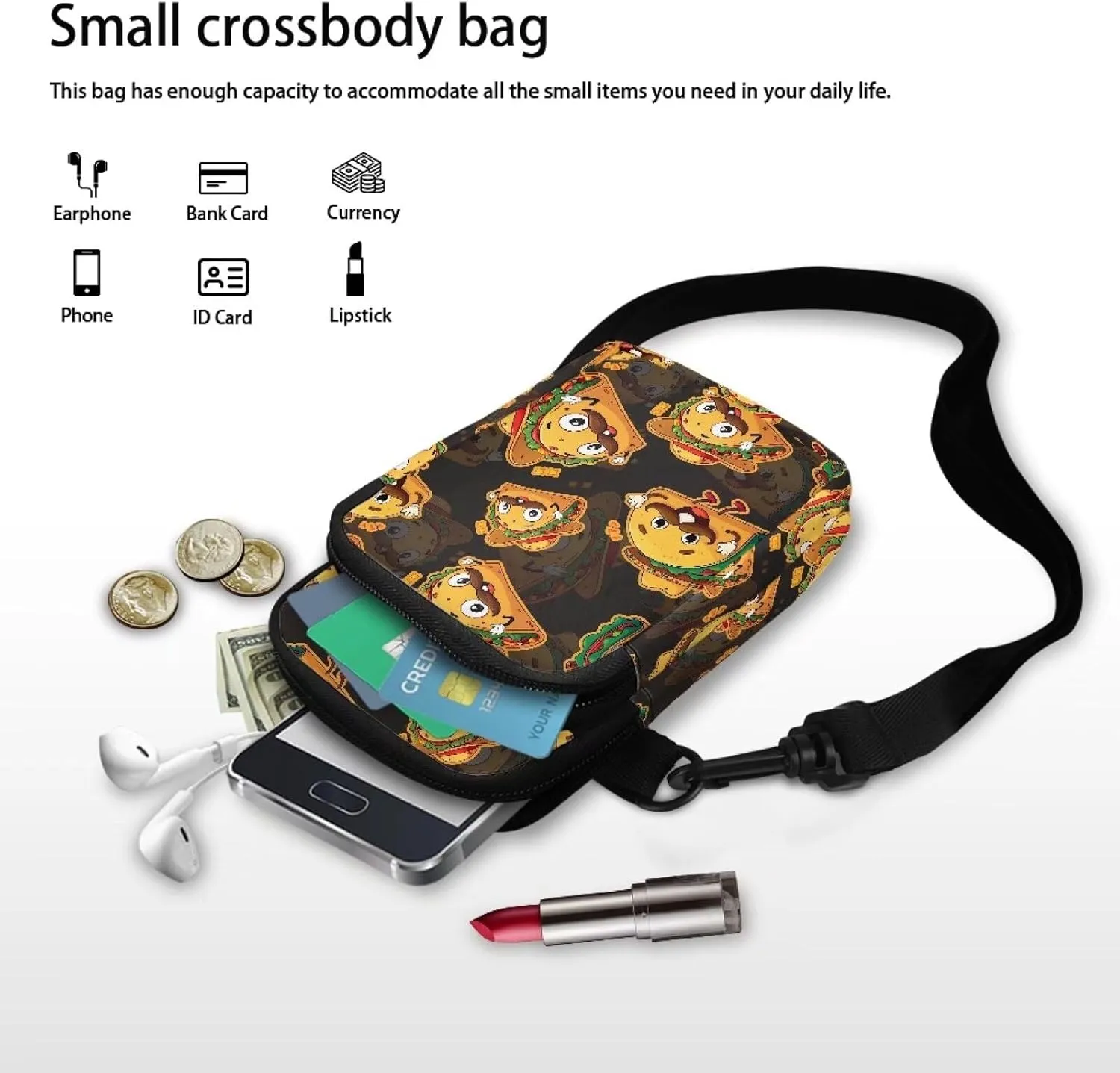 Flower Skull Small Crossbody Cell Phone Bag for Women, Dachshund Peacock Shoulder Bag, Clover Zip Cell Phone Purse