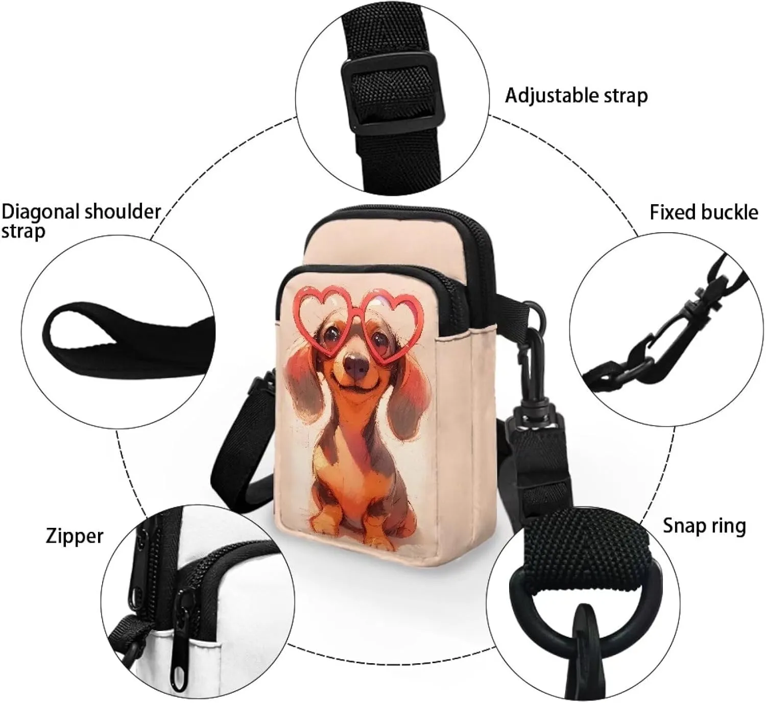 Flower Skull Small Crossbody Cell Phone Bag for Women, Dachshund Peacock Shoulder Bag, Clover Zip Cell Phone Purse
