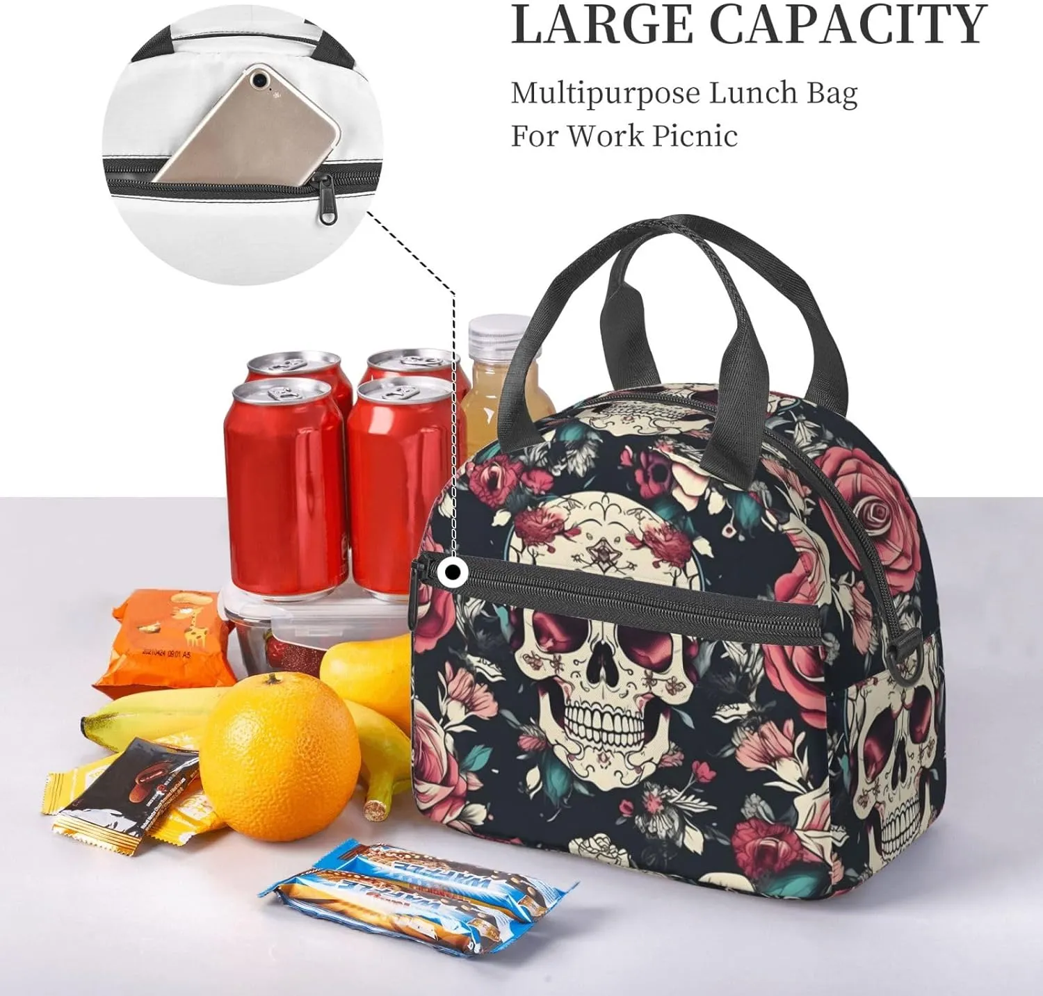 Flowers Skull Ornamental Pattern Insulated Lunch Tote Bag Lunch Box For Women Men, Reusable Good For Daily Work Outings