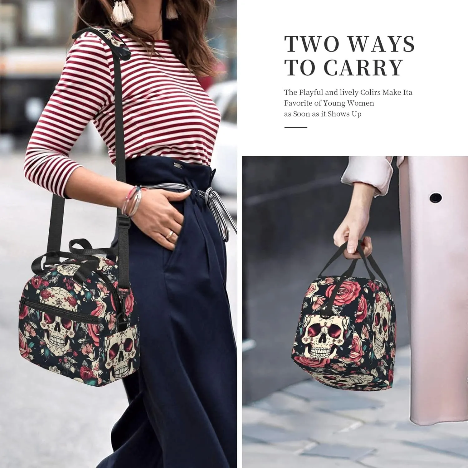 Flowers Skull Ornamental Pattern Insulated Lunch Tote Bag Lunch Box For Women Men, Reusable Good For Daily Work Outings