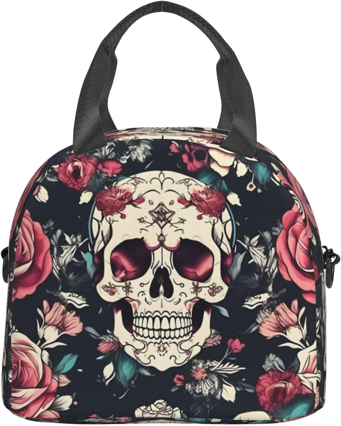 Flowers Skull Ornamental Pattern Insulated Lunch Tote Bag Lunch Box For Women Men, Reusable Good For Daily Work Outings