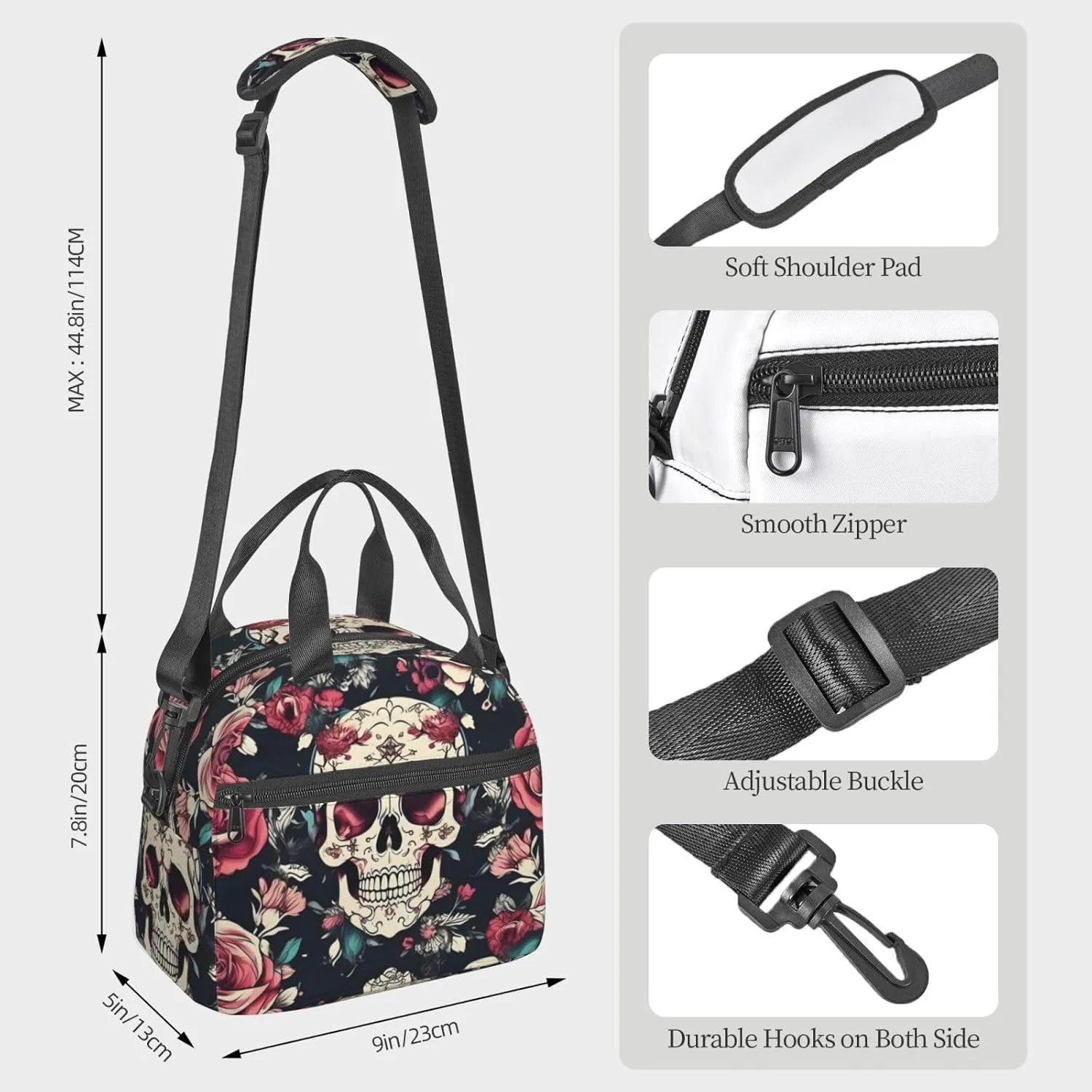 Flowers Skull Ornamental Pattern Insulated Lunch Tote Bag Lunch Box For Women Men, Reusable Good For Daily Work Outings