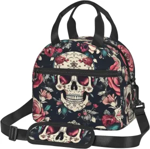 Flowers Skull Ornamental Pattern Insulated Lunch Tote Bag Lunch Box For Women Men, Reusable Good For Daily Work Outings