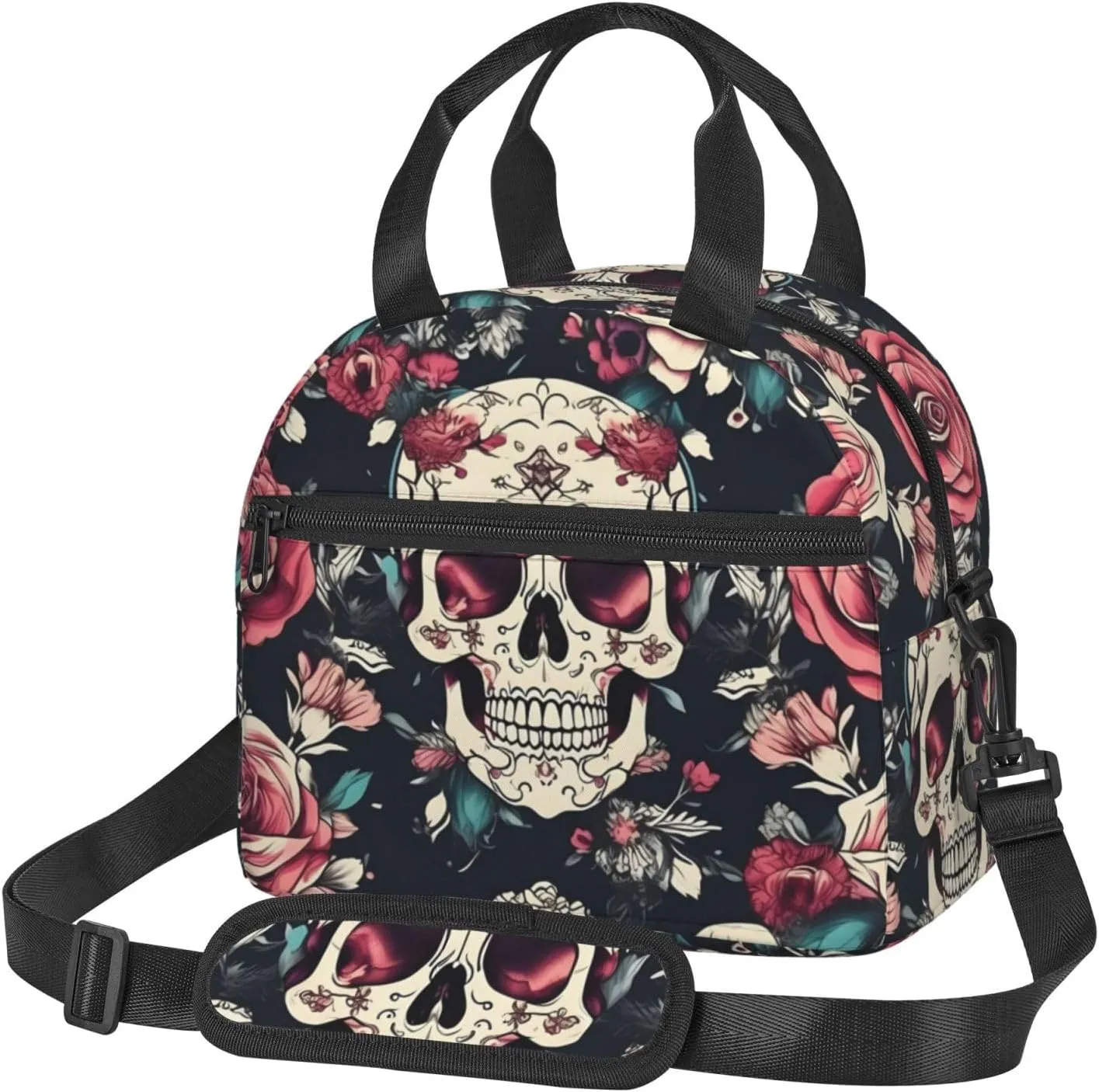 Flowers Skull Ornamental Pattern Insulated Lunch Tote Bag Lunch Box For Women Men, Reusable Good For Daily Work Outings