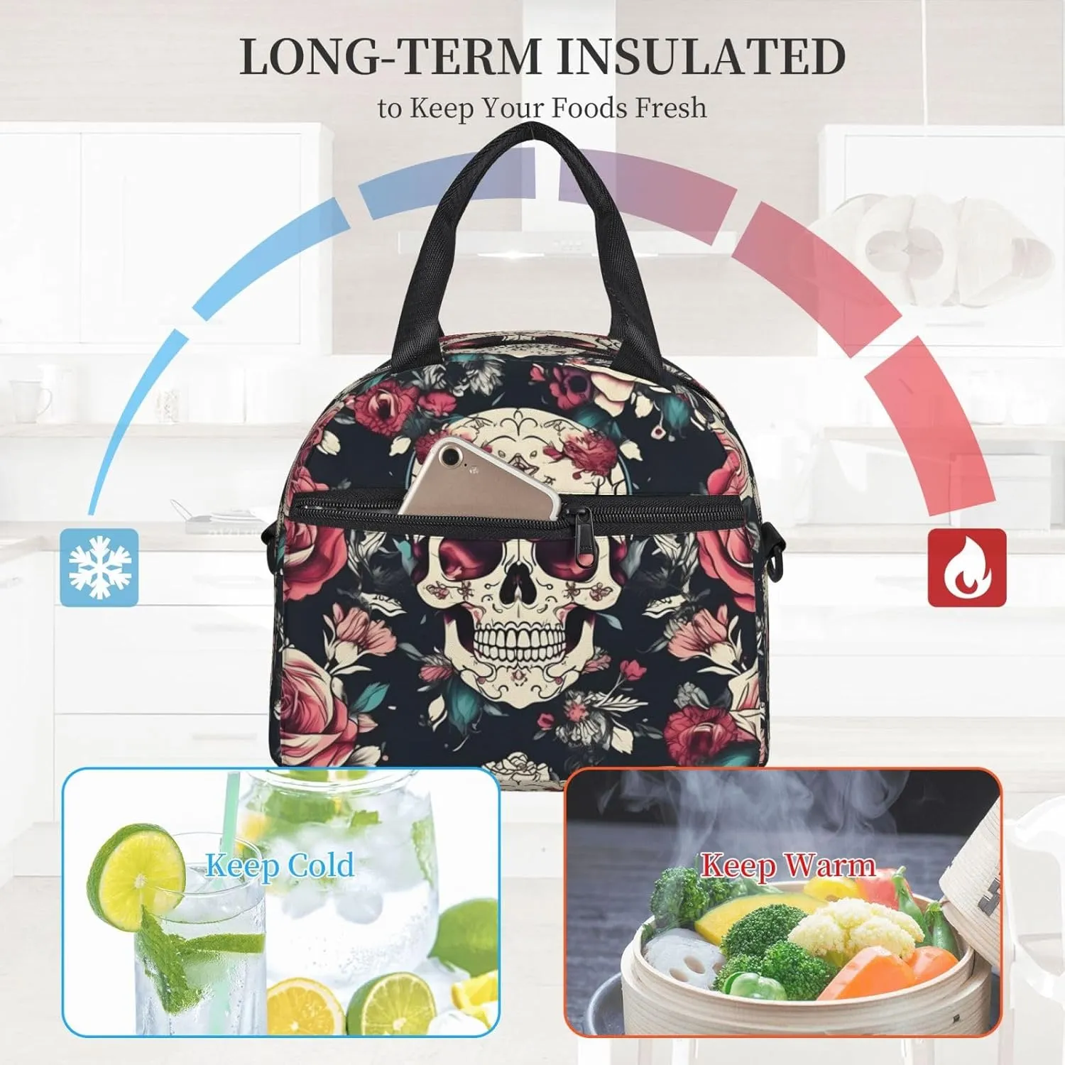 Flowers Skull Ornamental Pattern Insulated Lunch Tote Bag Lunch Box For Women Men, Reusable Good For Daily Work Outings