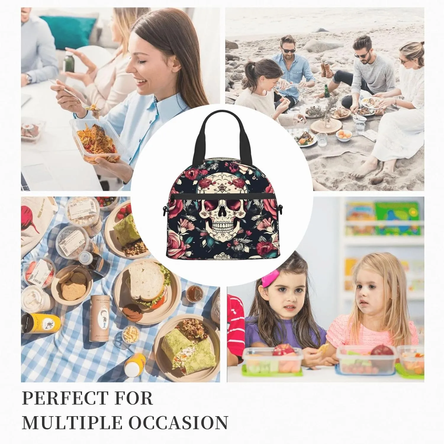 Flowers Skull Ornamental Pattern Insulated Lunch Tote Bag Lunch Box For Women Men, Reusable Good For Daily Work Outings