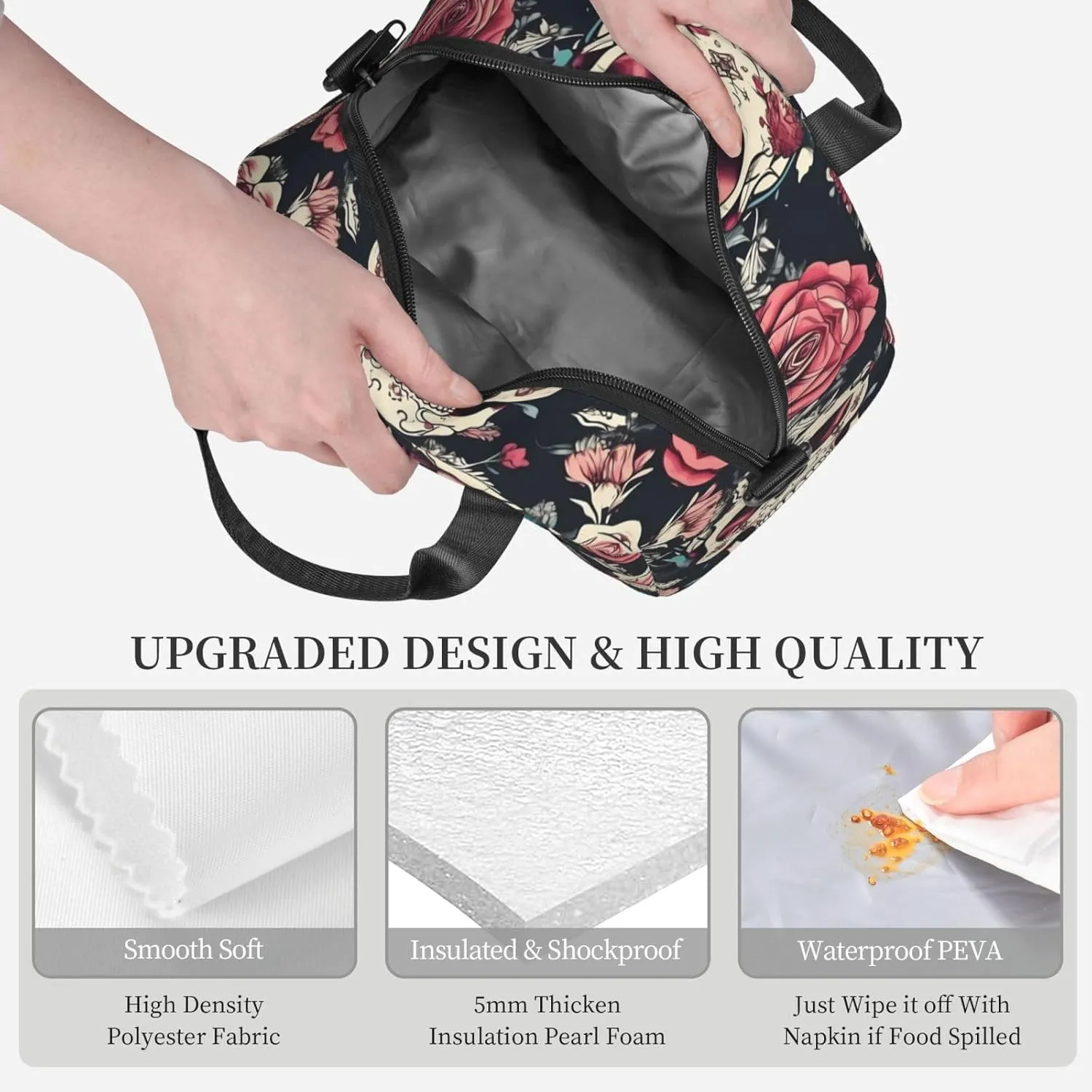 Flowers Skull Ornamental Pattern Insulated Lunch Tote Bag Lunch Box For Women Men, Reusable Good For Daily Work Outings