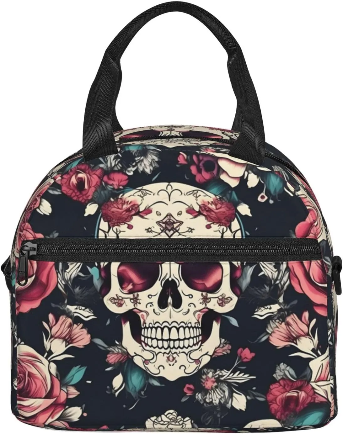 Flowers Skull Ornamental Pattern Insulated Lunch Tote Bag Lunch Box For Women Men, Reusable Good For Daily Work Outings
