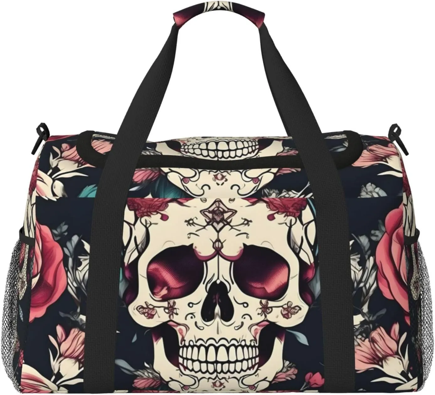 Flowers Skull Ornamental Pattern Print Travel Hand Travel Bag Weekender Overnight Carry On Tote Foldable Crossbody Bag