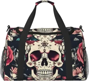 Flowers Skull Ornamental Pattern Print Travel Hand Travel Bag Weekender Overnight Carry On Tote Foldable Crossbody Bag
