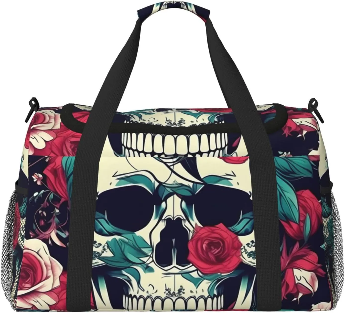 Flowers Skull Ornamental Print Travel Hand Travel Bag Weekender Overnight Carry On Tote Foldable Crossbody Bag