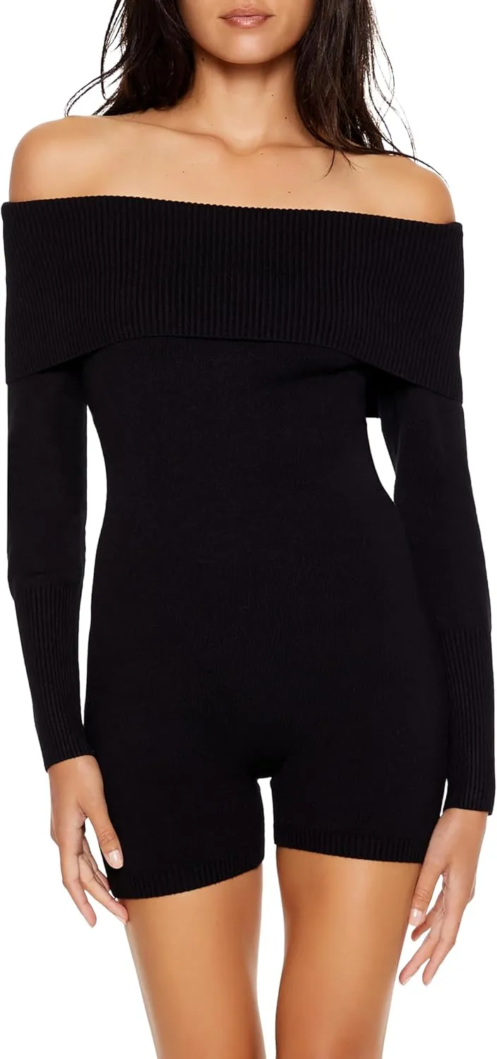 Forever 21 Womens Sweater-knit Off-the-shoulder Romper