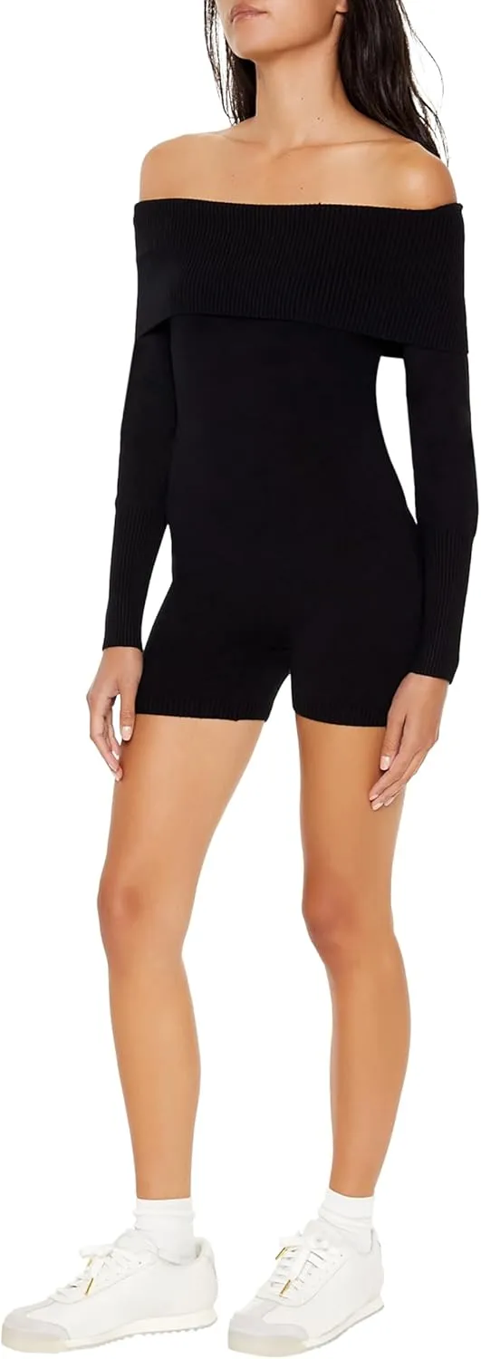 Forever 21 Womens Sweater-knit Off-the-shoulder Romper
