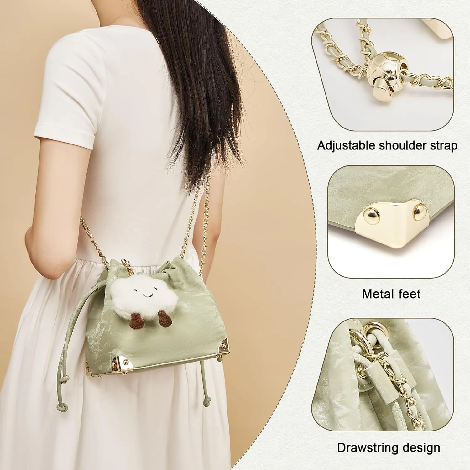 FOXLOVER Chamois Crossbody bags for women Small Bucket Velvet Fabric Soft Leather Purses Design Pearlescent Chain Straps