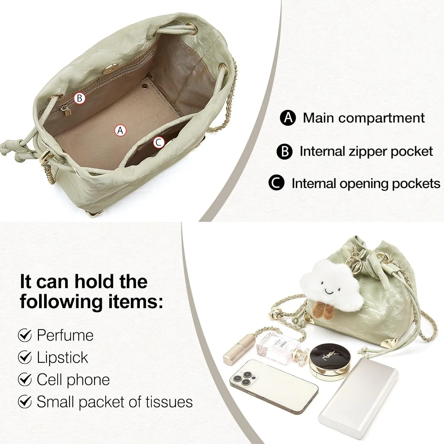 FOXLOVER Chamois Crossbody bags for women Small Bucket Velvet Fabric Soft Leather Purses Design Pearlescent Chain Straps