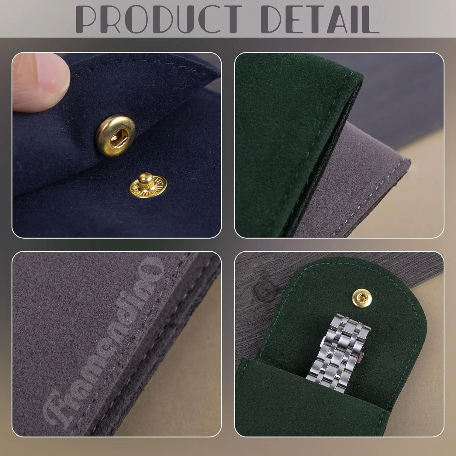Framendino, 4 Pack Velvet Watch Pouch with Snap Button Single Portable Travel Case Storage Bag Protective Box for Jewelry Organizer (Grey & Green Navy Blue)