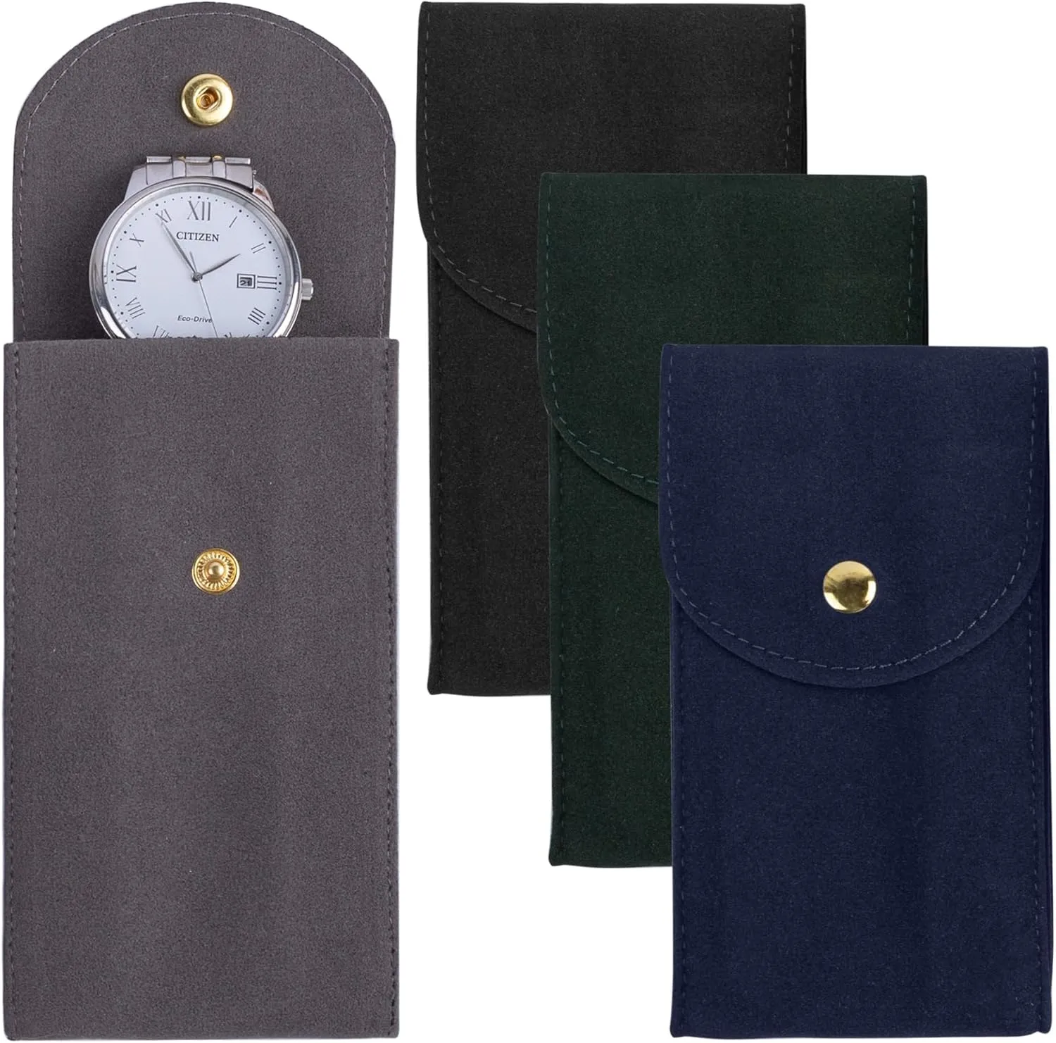 Framendino, 4 Pack Velvet Watch Pouch with Snap Button Single Portable Travel Case Storage Bag Protective Box for Jewelry Organizer (Grey & Green Navy Blue)