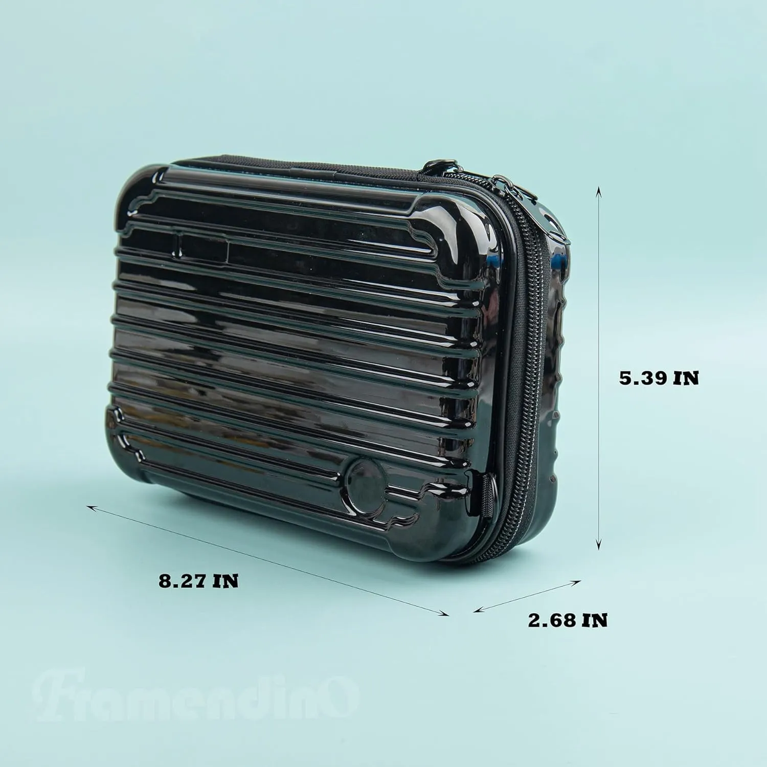 Framendino, 8 Inch Black Hard Shell Cosmetics Case Carrying Bag for Toiletry Mini Cross Body with Detachable Grip Rope and Shoulder Strap