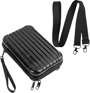 Framendino, 8 Inch Black Hard Shell Cosmetics Case Carrying Bag for Toiletry Mini Cross Body with Detachable Grip Rope and Shoulder Strap
