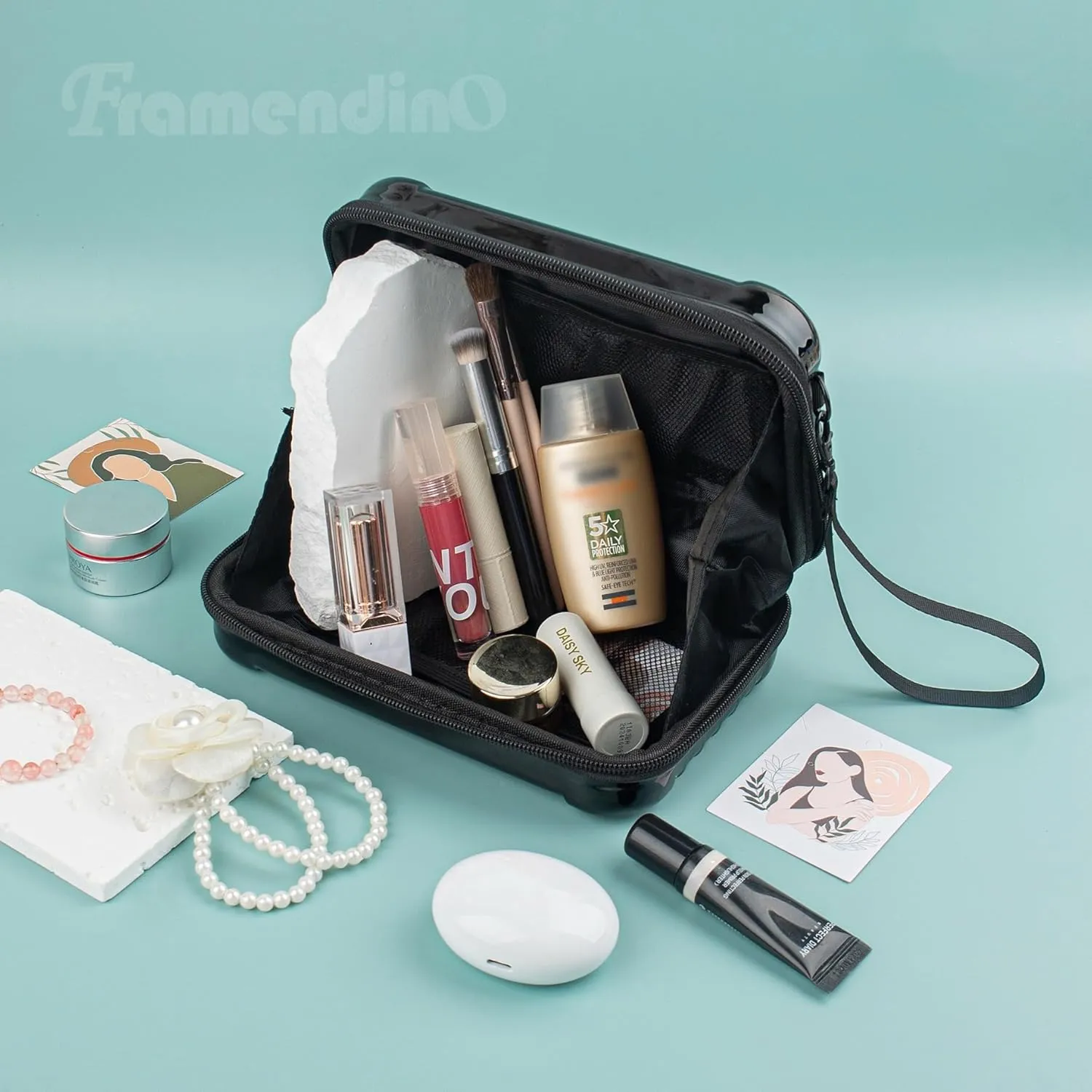 Framendino, 8 Inch Black Hard Shell Cosmetics Case Carrying Bag for Toiletry Mini Cross Body with Detachable Grip Rope and Shoulder Strap
