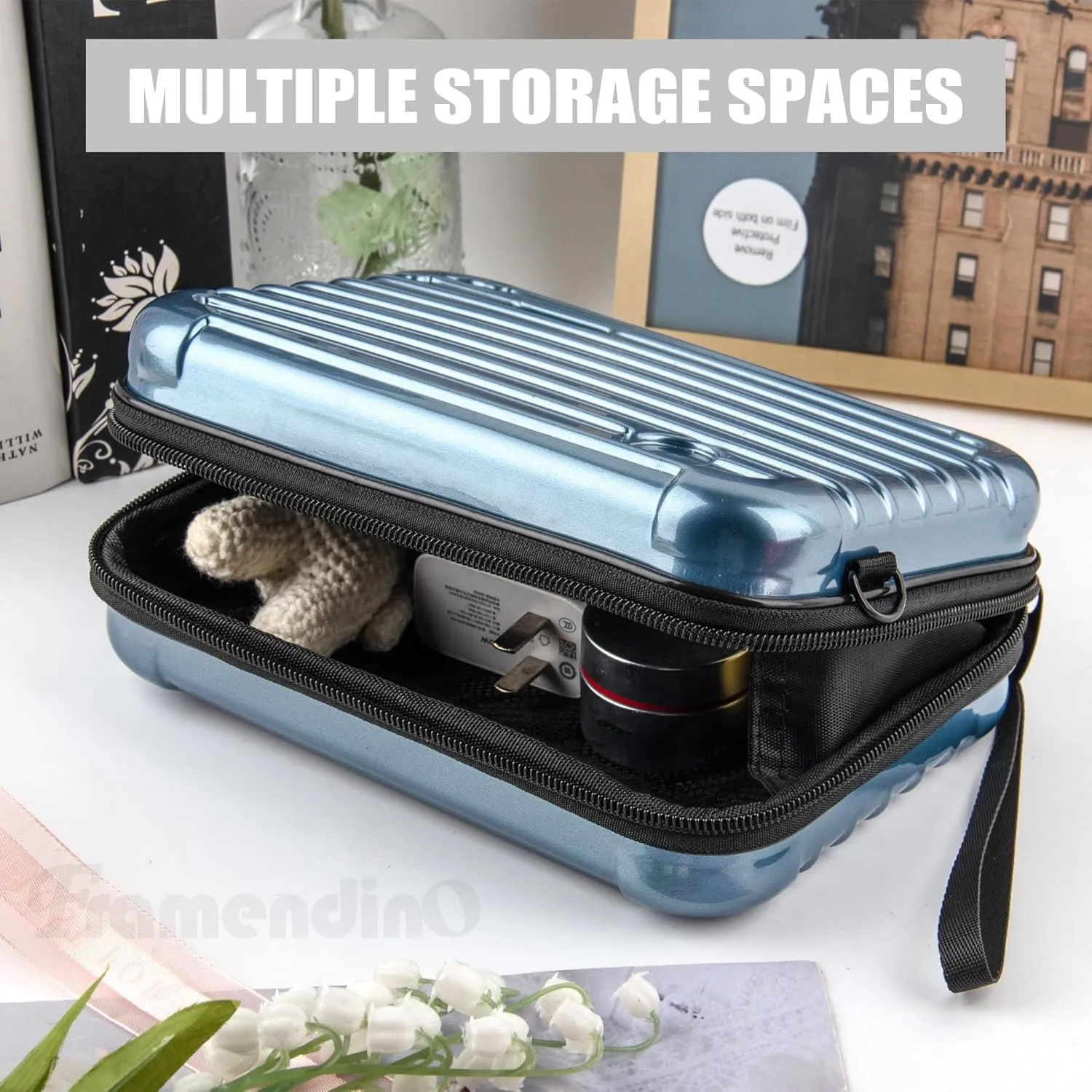 Framendino, 8 Inch Blue Hard Shell Cosmetics Case Carrying Bag for Toiletry Mini Cross Body with Detachable Grip Rope and Shoulder Strap