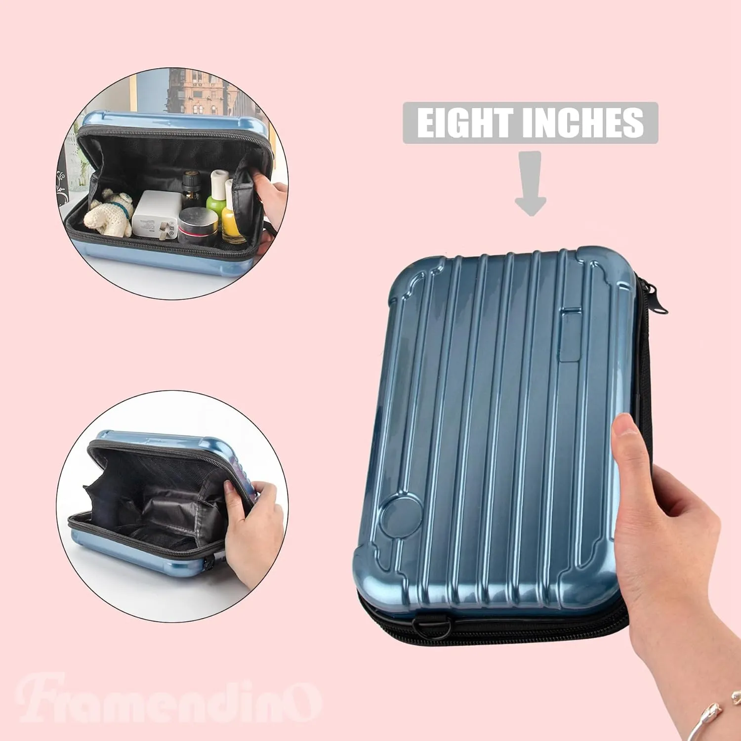 Framendino, 8 Inch Blue Hard Shell Cosmetics Case Carrying Bag for Toiletry Mini Cross Body with Detachable Grip Rope and Shoulder Strap