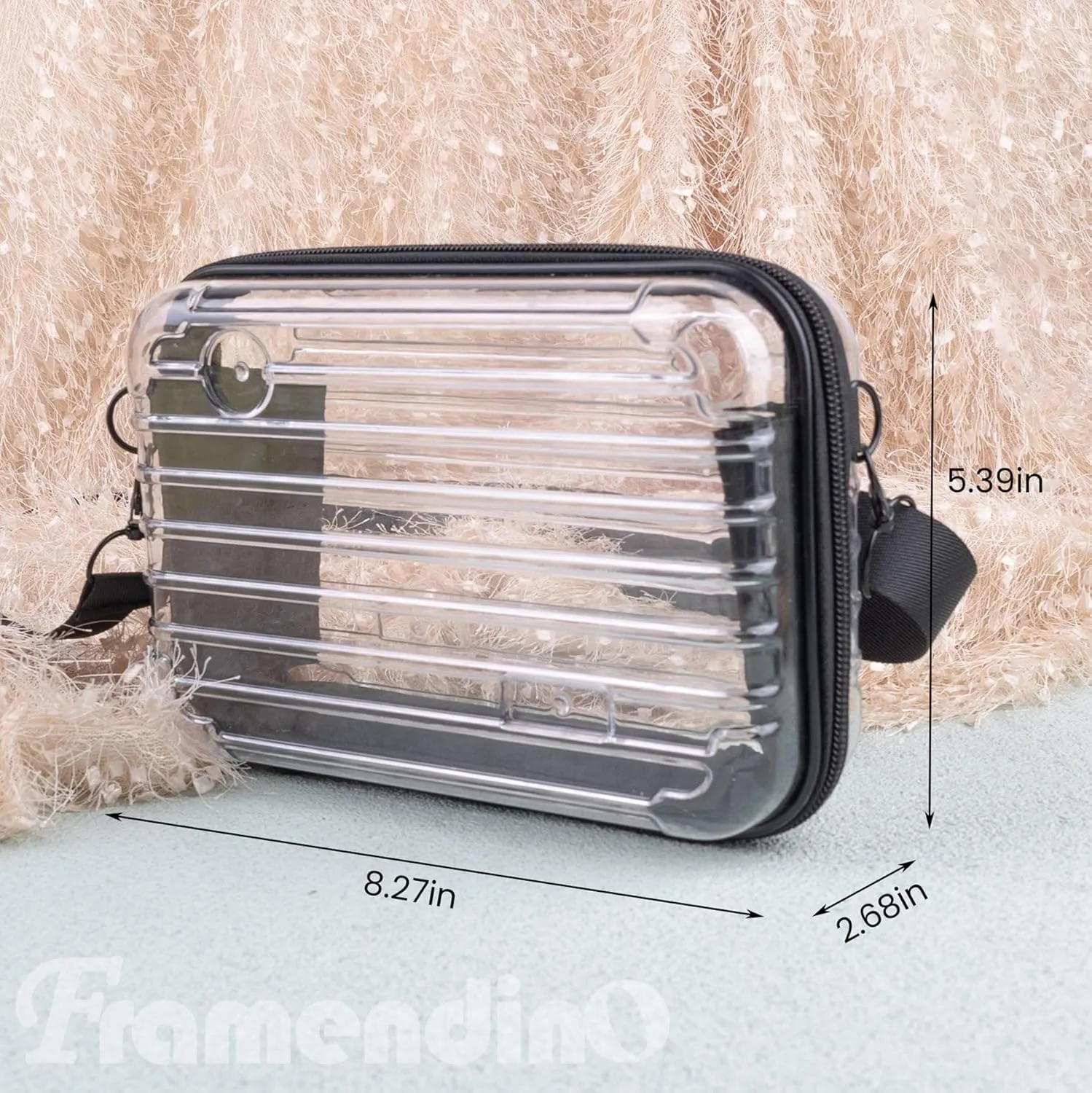 Framendino, 8 Inch Clear Hard Shell Cosmetics Case Carrying Bag for Toiletry Mini Cross Body with Detachable Grip Rope and Shoulder Strap