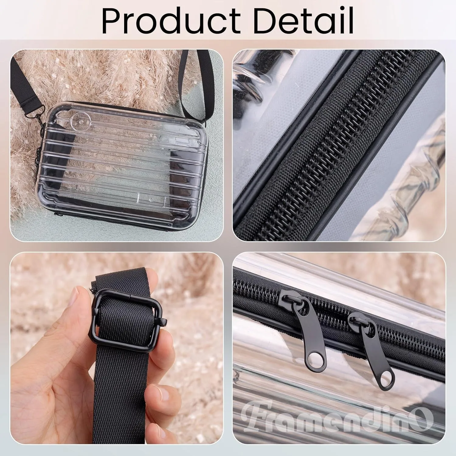Framendino, 8 Inch Clear Hard Shell Cosmetics Case Carrying Bag for Toiletry Mini Cross Body with Detachable Grip Rope and Shoulder Strap