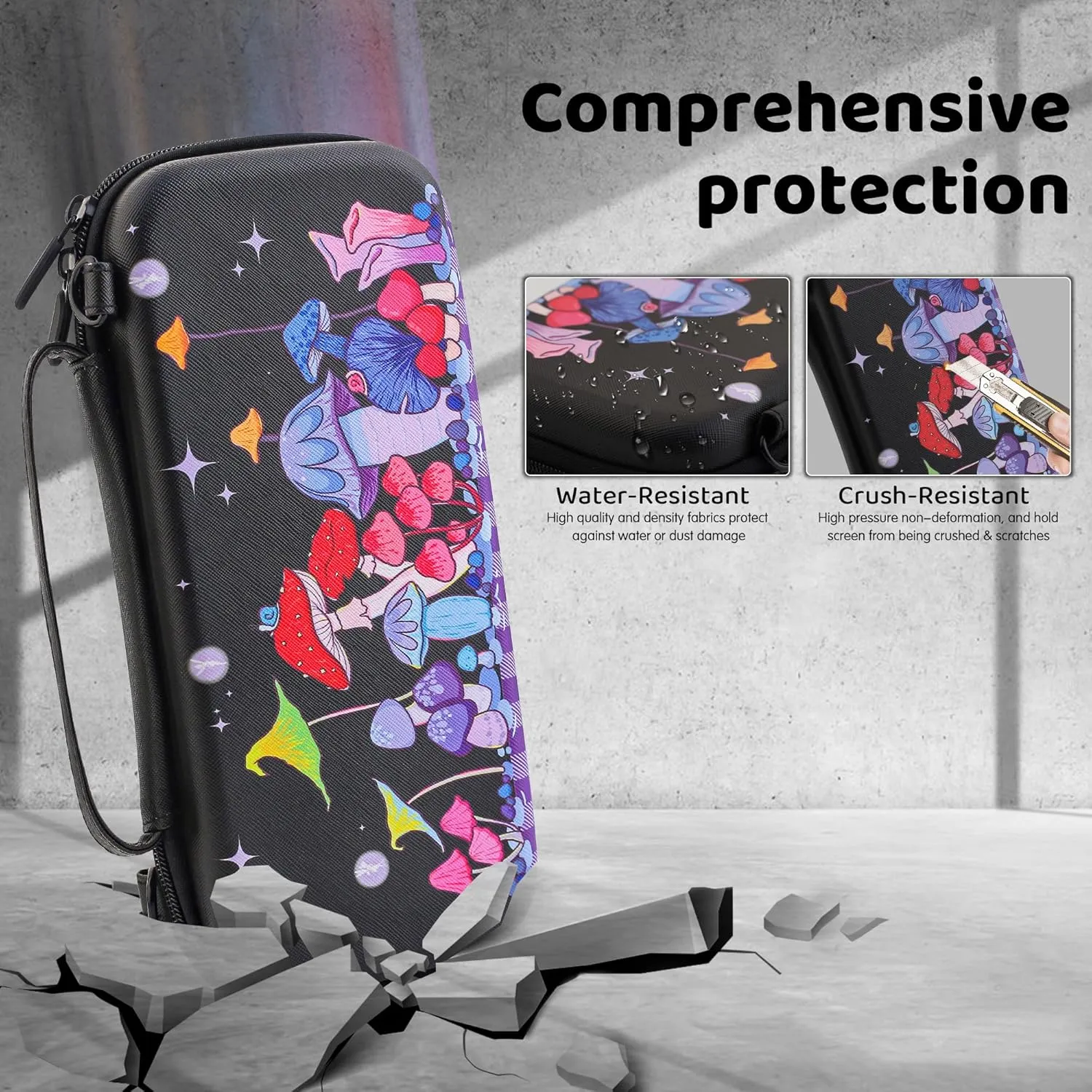 FUNDIARY Carrying Travel Case for Nintendo Switch OLED with Mushroom Design, Black Shockproof Kit with Slim Portable Storage Bag, Dockable Cover Case, Screen Protector, Shoulder Strap and 2 Thumb Caps