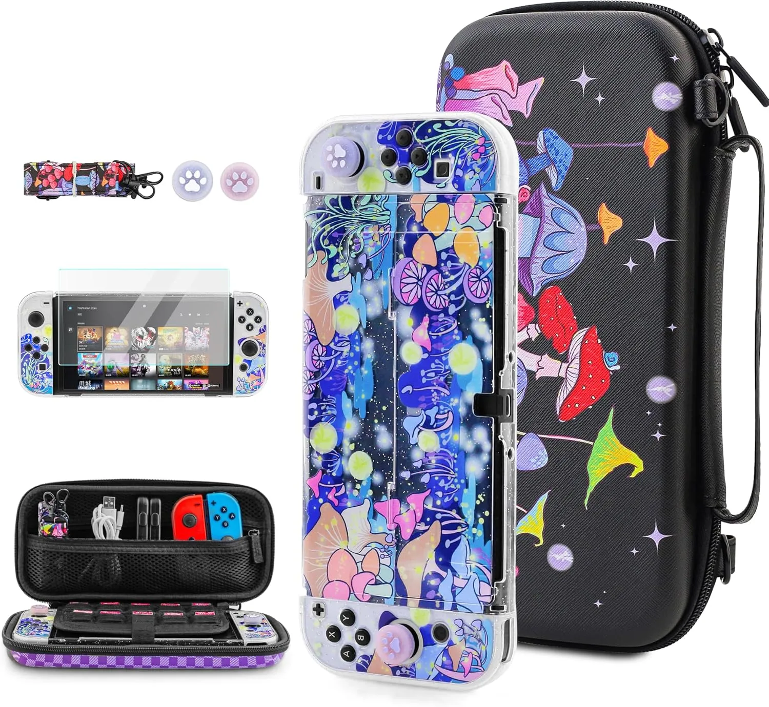 FUNDIARY Carrying Travel Case for Nintendo Switch OLED with Mushroom Design, Black Shockproof Kit with Slim Portable Storage Bag, Dockable Cover Case, Screen Protector, Shoulder Strap and 2 Thumb Caps