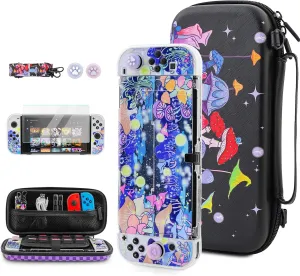 FUNDIARY Carrying Travel Case for Nintendo Switch OLED with Mushroom Design, Black Shockproof Kit with Slim Portable Storage Bag, Dockable Cover Case, Screen Protector, Shoulder Strap and 2 Thumb Caps