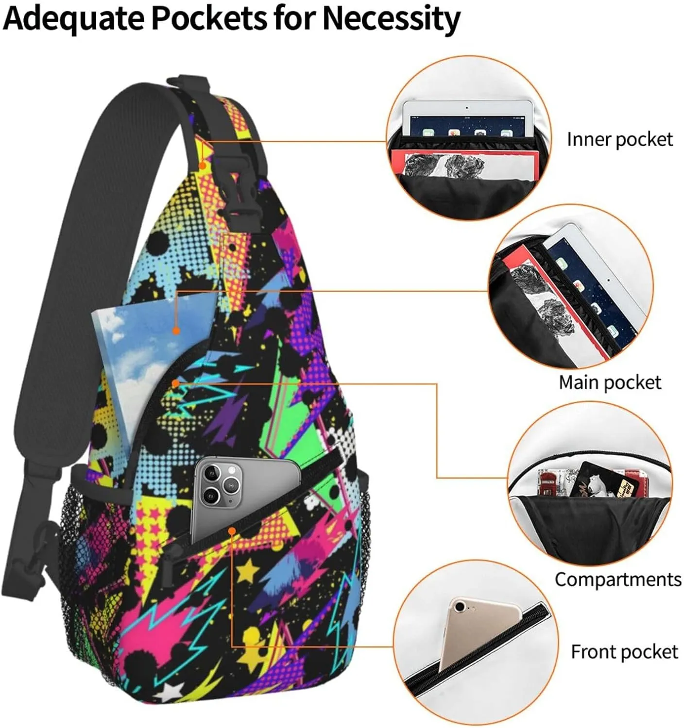 Funny Graffiti Sling Backpack,Travel Hiking Daypack Colorful Graffiti Art Crossbody Shoulder Bag for Women Men