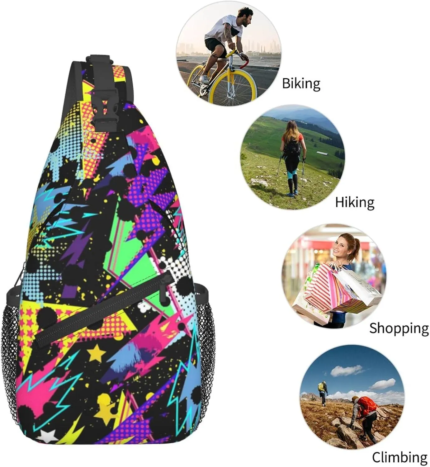 Funny Graffiti Sling Backpack,Travel Hiking Daypack Colorful Graffiti Art Crossbody Shoulder Bag for Women Men
