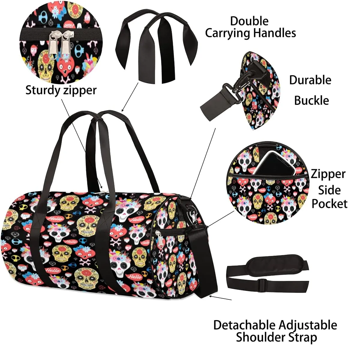 Funny Skull Flower Gym Bag Small Gym Duffel Bags for Men Women Novelty Overnight Weekender Bag Lightweight Sport Duffle Bag Carry On Gymbag